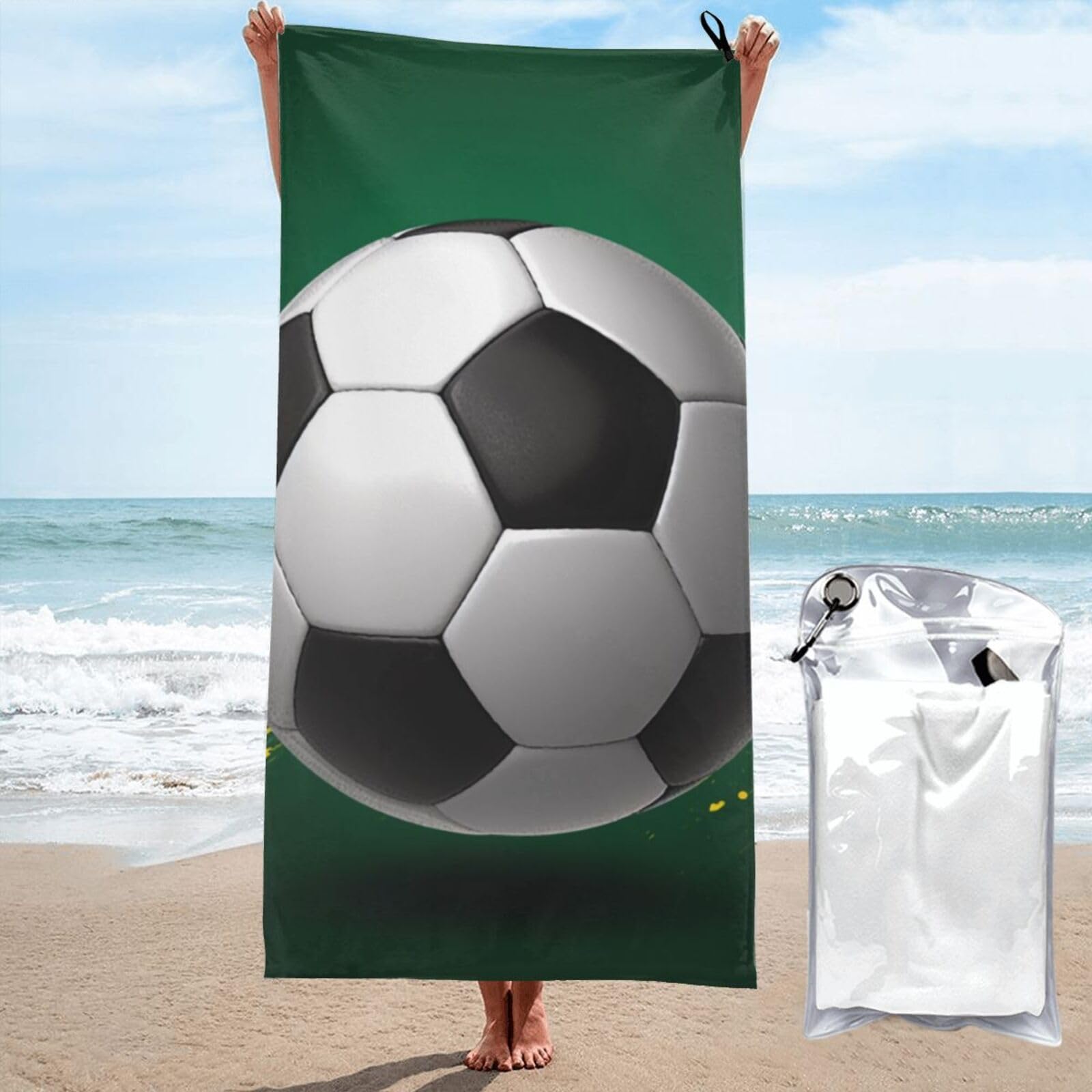 BWWHCCTI Sport Ball Soccer Printed Microfiber Quick Dry Beach Towel 70x140 CM, Fast Drying Bath Towels with Bags for Travel,Camping,Gym,Beach,Swimming,Yoga