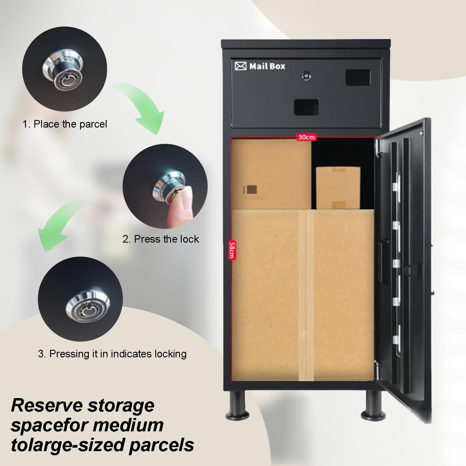 MOZIMOI Paketbox draussen groß XXL, getr. Fächer, Standfüße 8‑20 cm variabel, schützt Pakete vor Staunässe bei Regen/Schnee, für Garten, Vordach & unebenen Boden.