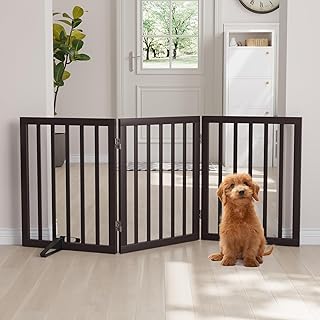 Semiocthome Dog Gates and Barriers Indoor, 3-Panel Freestanding Puppy Gates for The House with 2 Metal Stands, 60cm (H) Folding Pet Gate for Stairs, Doorway Expands Up to 140cm - Espresso