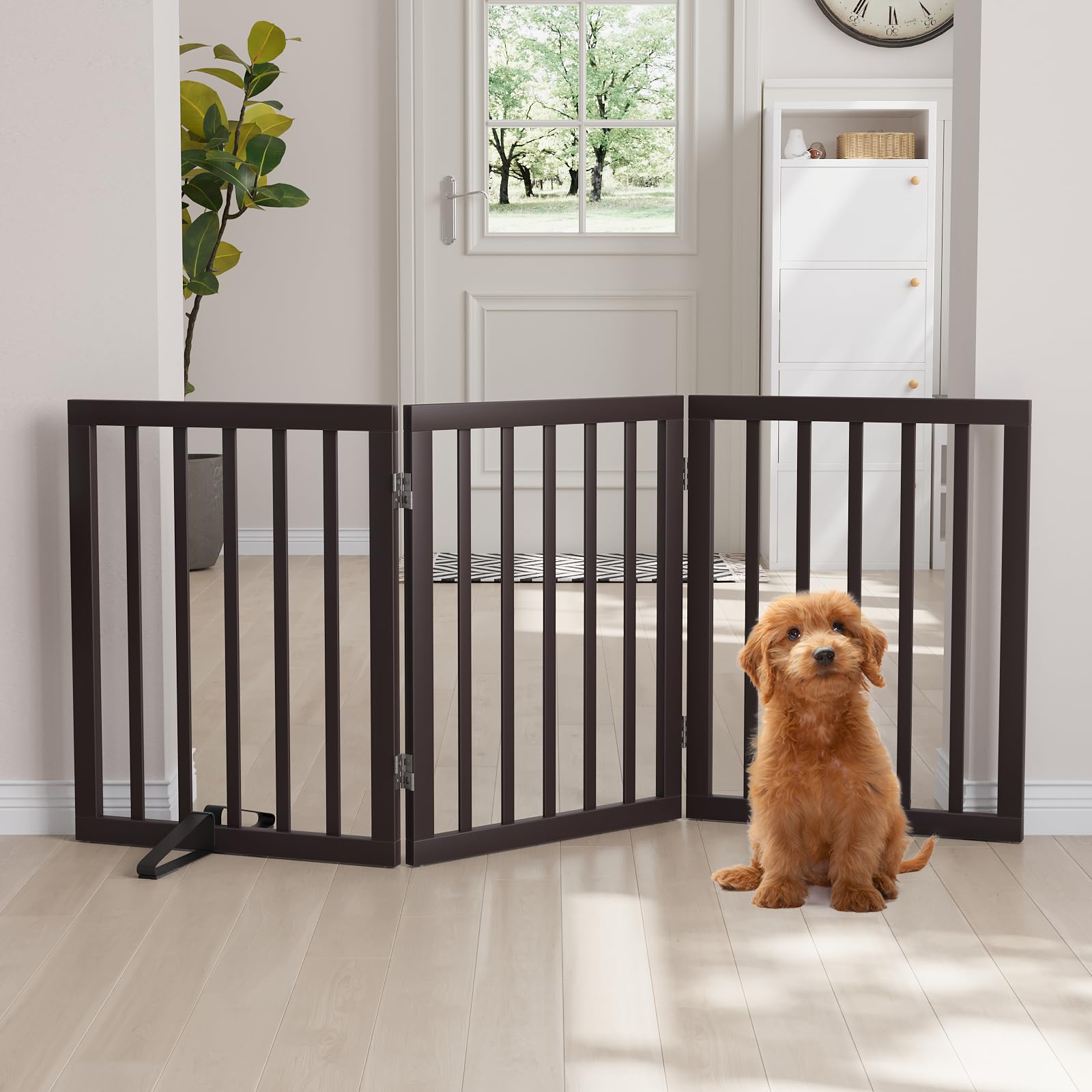 Semiocthome Bamboo Freestanding Dog Gates for Doorways, 2-Panel Indoor Puppy Gates for The House with 2 Metal Stands, 60cm(H) Folding Pet Gate for Stairs Expands Up to 94cm(W) Walnut — view 16