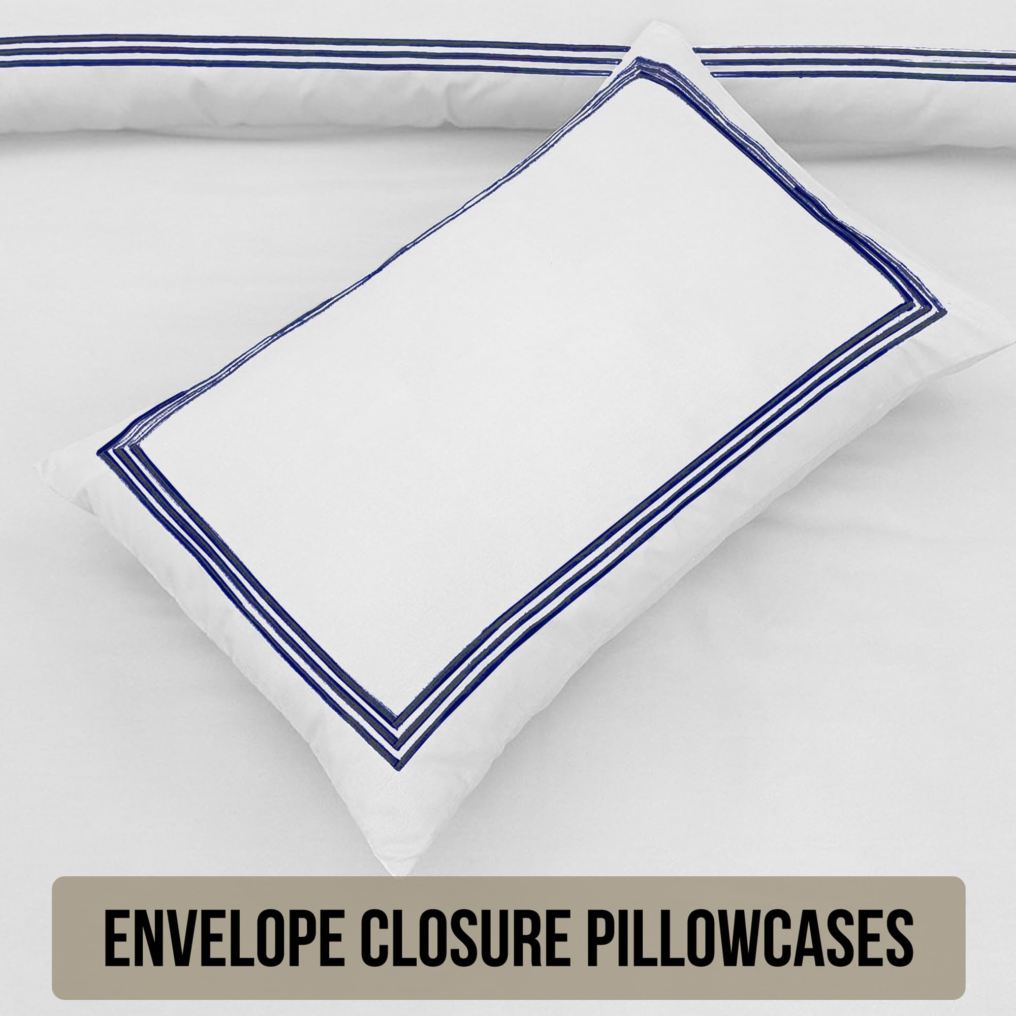 AR Ware - Set copripiumino per letto matrimoniale, 3 pezzi, lussuoso set copripiumino in microfibra con 2 federe, non si stira, qualità alberghiera ( bianco/blu navy