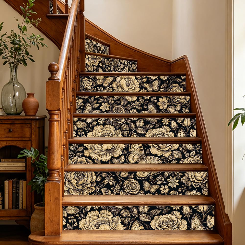 TNKBREEZE 15 Strips Peel and Stick Stairs Stickers Vintage Flower Butterfly Stair Riser Decals Black Brozen Removable Self-Adhesive PVC Art Sticker Decor for Steps Staircase Murals Decals 39.37"ร7.09" โ image 1