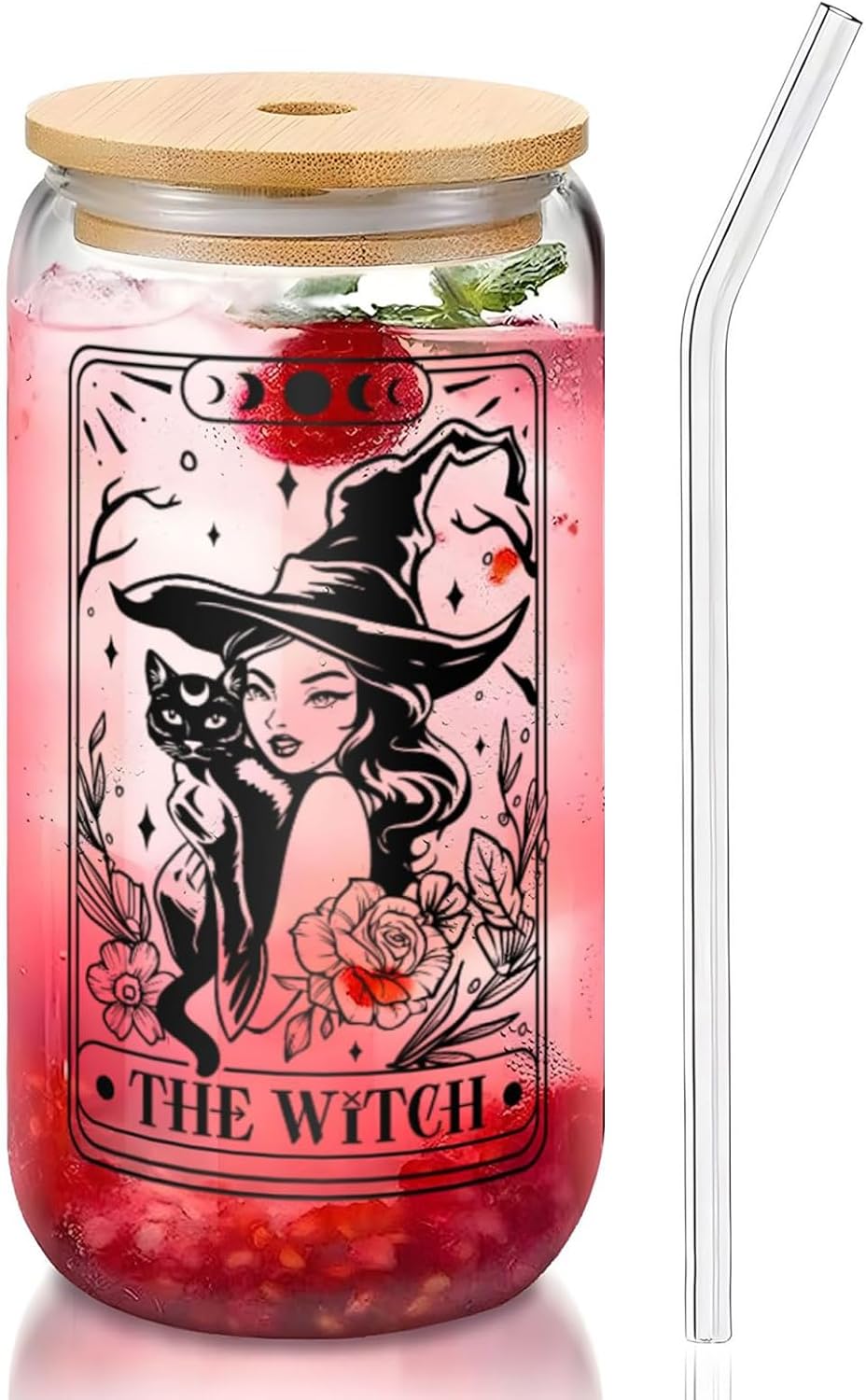 Witchy Gifts for Women 16oz Cute Glass Cups with Lids Black Cat Spooky Goth Gifts Reusable Cute Iced Coffee Cups Tumblers for Women