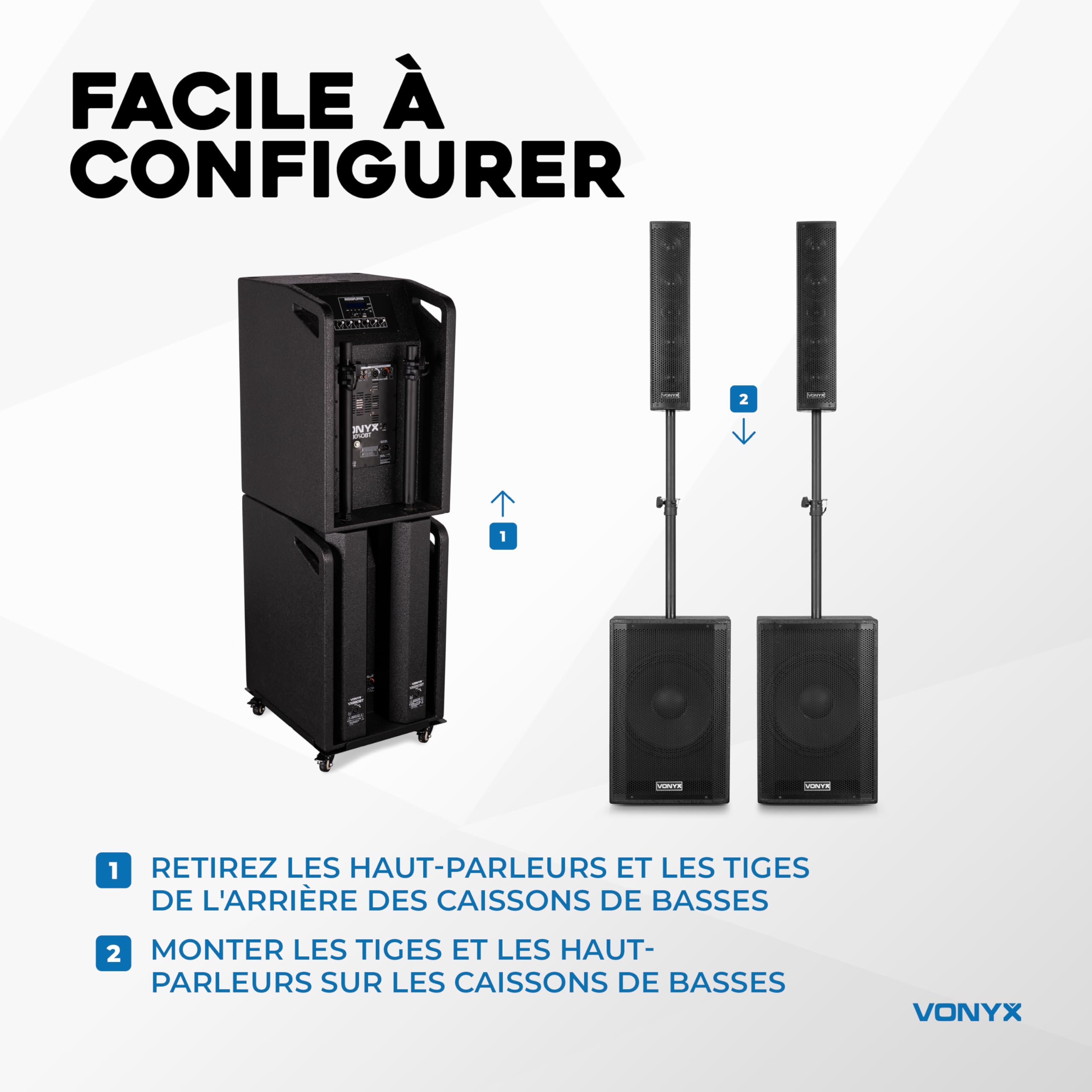 VONYX VX1080BT Pack Sono DJ Actif 2.2 avec Double Subwoofer 15 Pouces, Enceintes 4x4.5, Bluetooth 5.3, USB, Micro, Trépieds, Idéal pour DJ, Soirées, Karaokés, Événements et Présentations