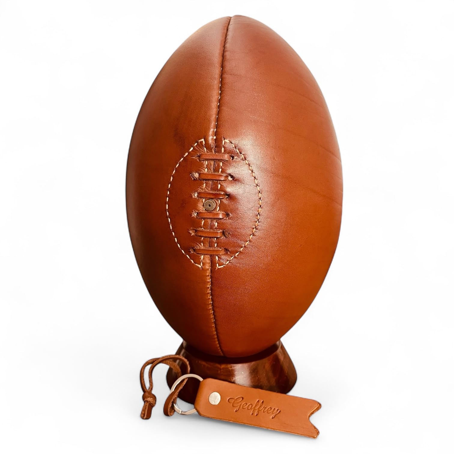 Geoffrey I Retro Rugby Ball 4 Panels I Tan Cow Leather with Wooden Base I Vintage Style with Leather Laces and Hand Stitched