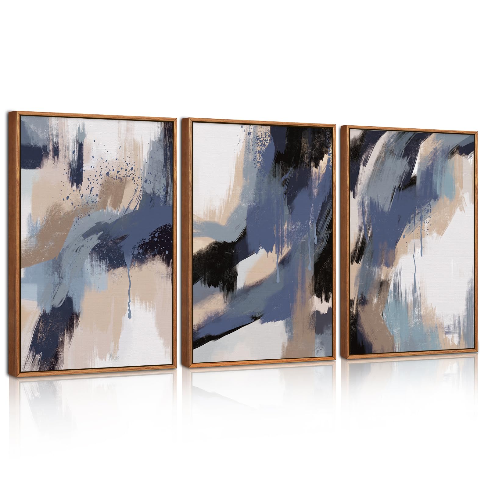 BINCUE 3 Teilig Blau Abstrakt Wandkunst,Moderne Blau Beige Abstrakte Wandbild mit Rahmen,Bunte Abstrakte Wanddeko.Farbe Blockform Poster Bilder für Wohnzimmer Schlafzimmer Büro,30x40cm