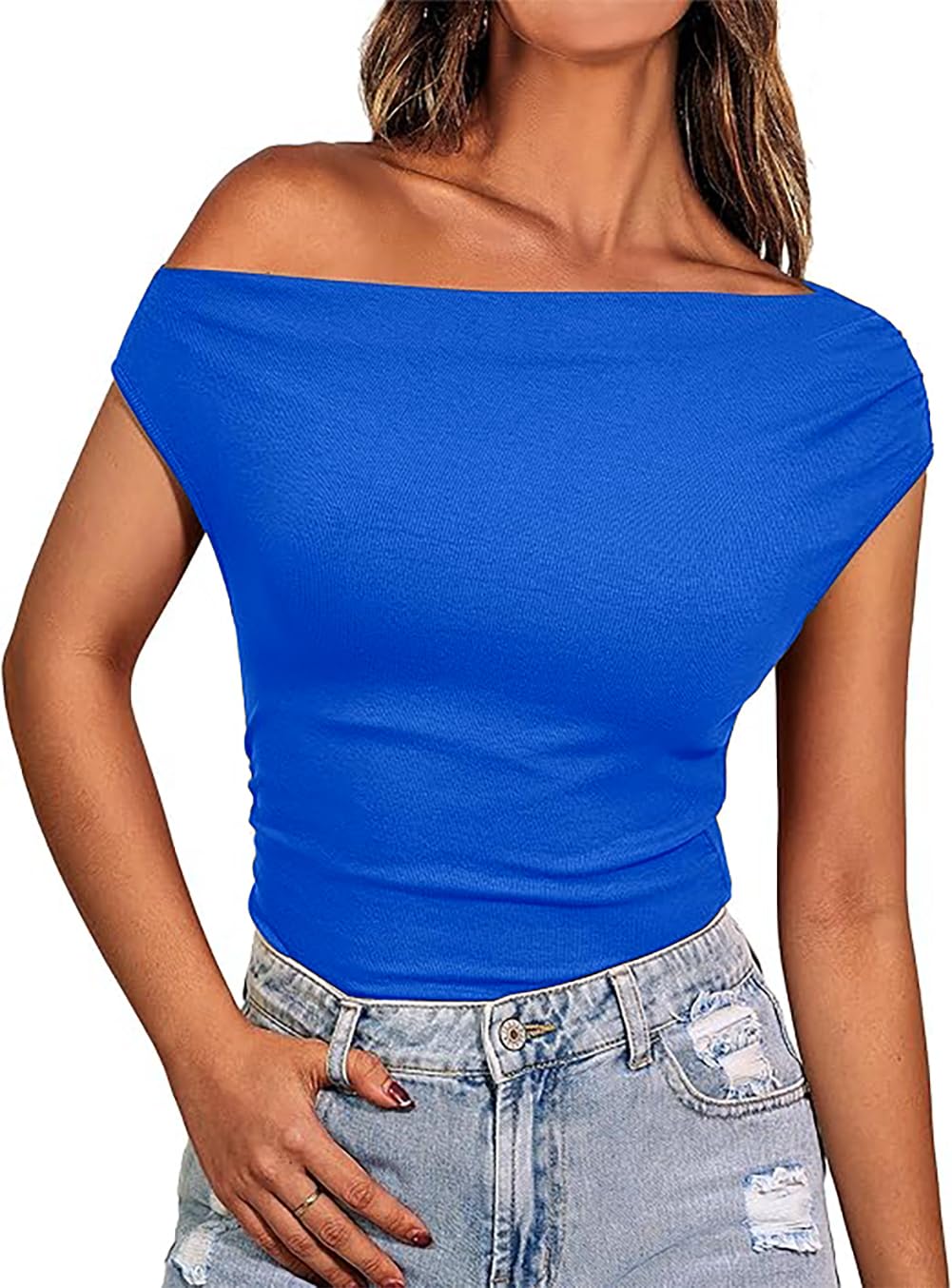Necooer Womens Off The Shoulder Tops Summer Ribbed Sleeveless Breathable Soft Sexy Fashion Basic Blouses Asymmetrical Shirts
