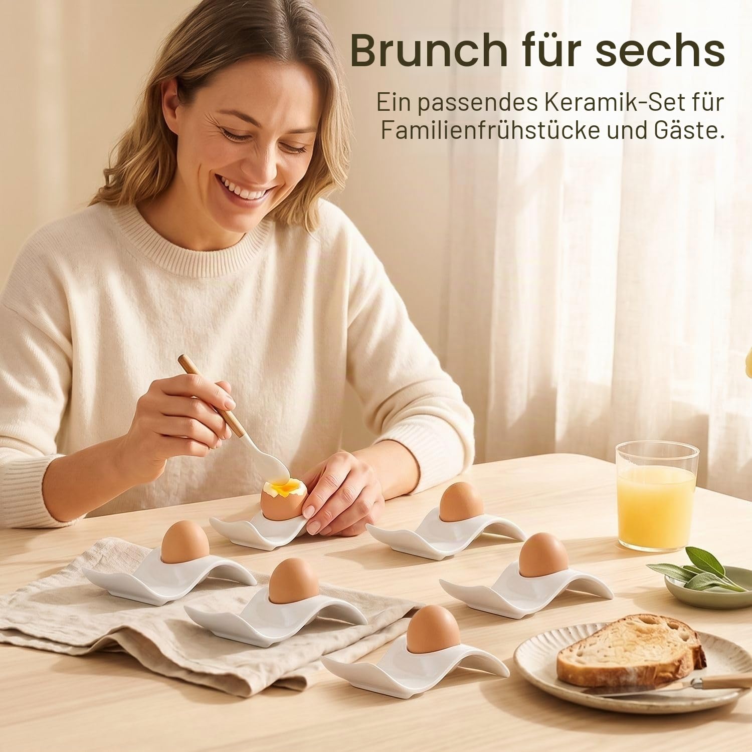 Flexzion Eierbecher für weichgekochte Eier – 6er-Set Keramik-Eierhalter – stapelbare Eierbecher mit Sockel zum Servieren, Frühstück & Brunch – Tischdeko, Wellen