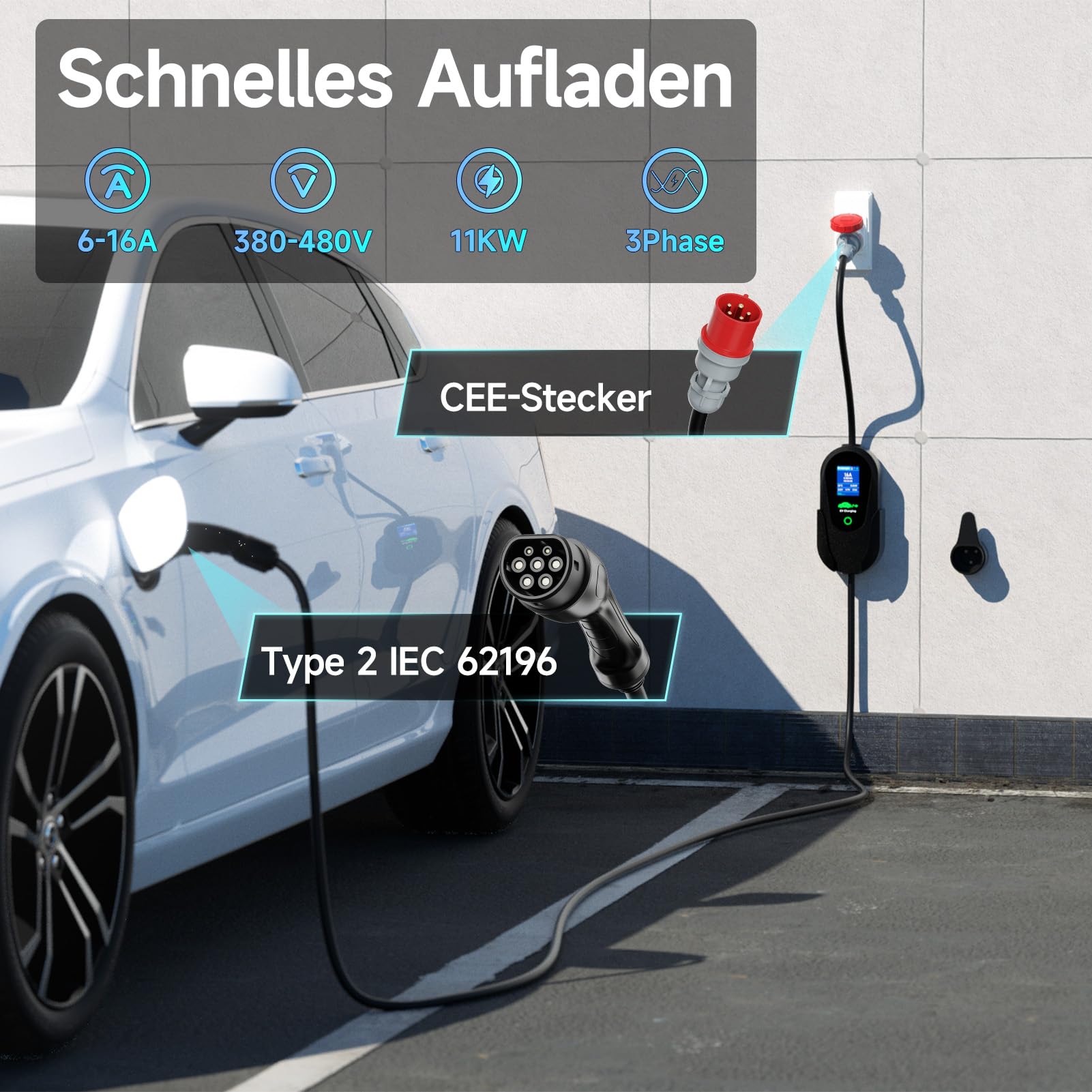 Mobile Wallbox 11kW mit APP, Typ 2 Ladekabel CEE Stecker [3-phasig|7m|6-16A] Ladekabel CEE 16A auf Typ 2, EV-Charger für IEC 62196-2