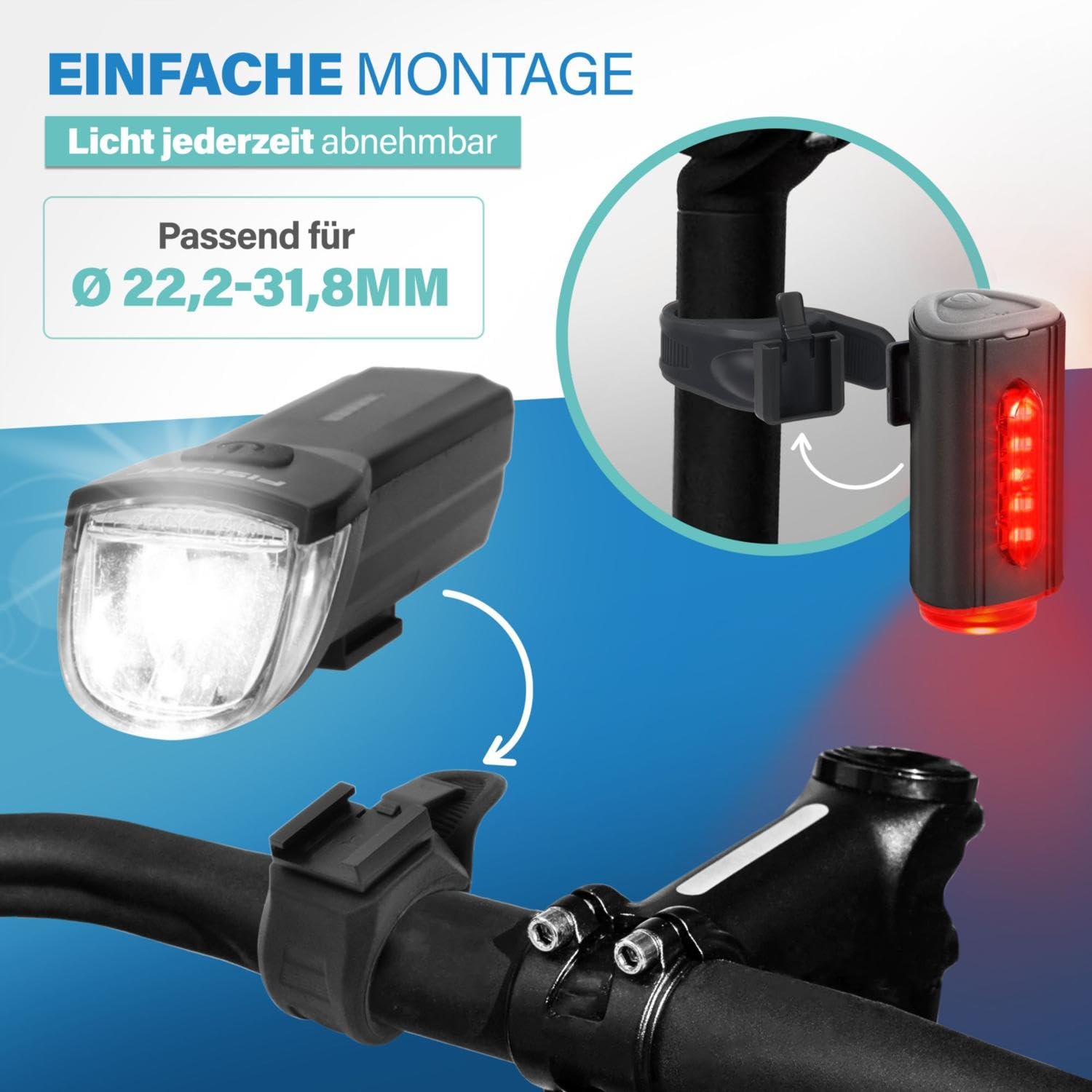 FISCHER Fahrrad-Beleuchtungsset 30/15 Lux, Akku-Leuchtenset TWIN, Front- und 360° Rückleuchte, mit Akku und USB-Ladefunktion, 2 Leuchtfunktionen, 