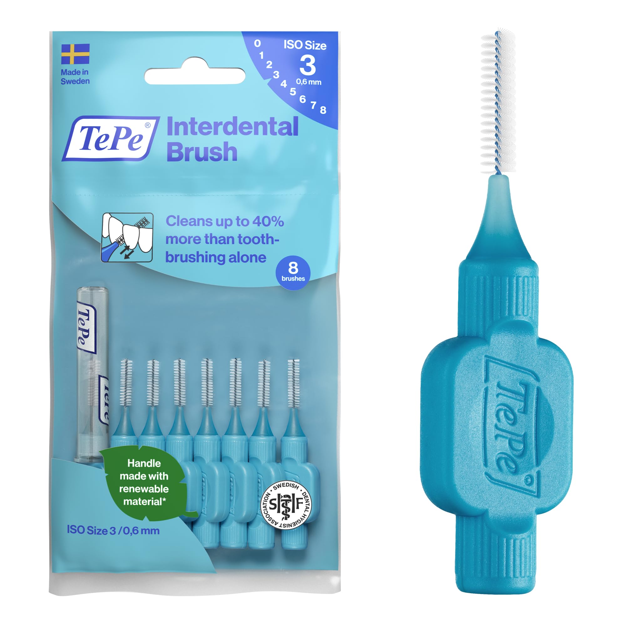 TePe Interdental Brush, Original, Blue, 0.6mm/ISO 3, 8pcs, Plaque Removal, efficient Clean Between The Teeth, Tooth Floss, for Small Gaps