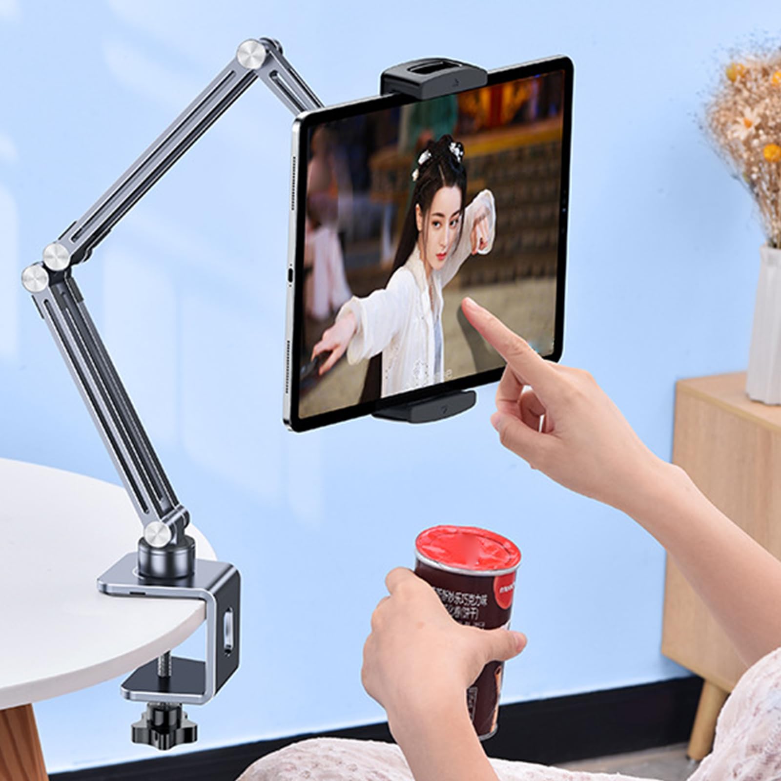 MURYE Soporte ajustable para tabletas con articulaciones de movimiento completo para cocina, oficinas o dormitorio, uso en dispositivos de 4 a 12.9 pulgadas, no requiere taladro