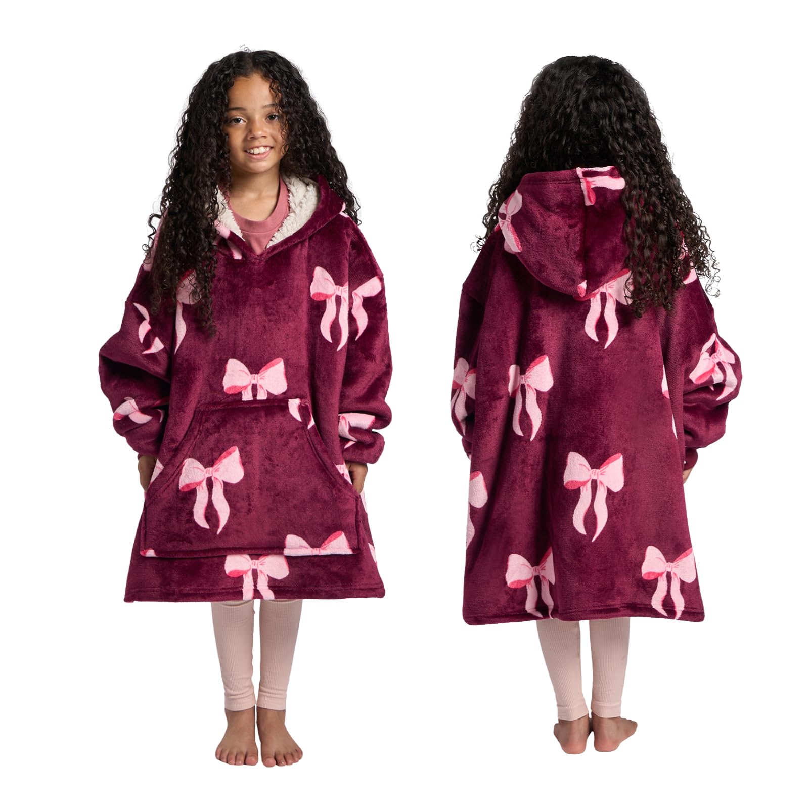 Ohs Women's Burgundy/Pink Bow Print Oversized Blanket Hoodie For Teen Girls Hooded Blanket Super Soft Warm Sherpa Fleece Throw Wearable Blankets Sweatshirt Big Pocket Oversized Hoodie,