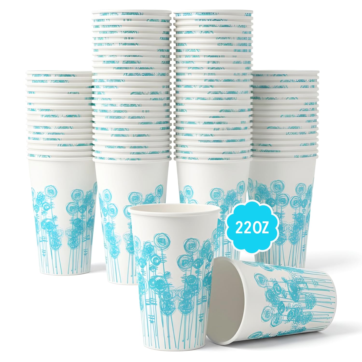 RAP Gloves 22oz Disposable Paper Cups Single Wall – 1000 Count (50 Cups x 20 Packs) | Blue Floral Style Disposable Paper Cups Large Hot & Cold Coffee Cups for Cafes, Parties & Offices