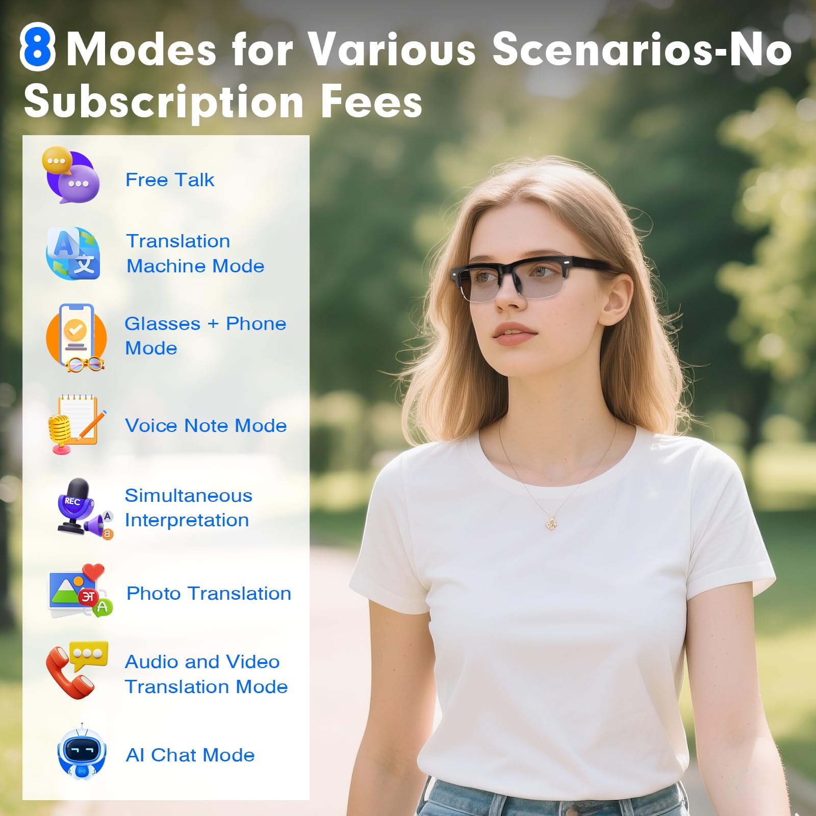 GenXenon AI Smart Glasses Bluetooth KI Brille 164 Sprachen Echtzeitübersetzung Photochrome Brillengläser Halbrand-Design Offene Lautsprecher