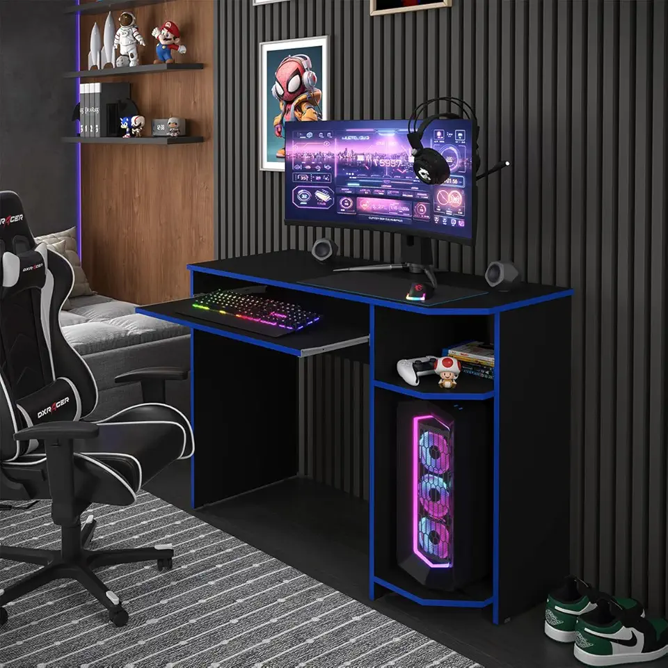 Escrivaninha Mesa Gamer Para Pc Notebook Computador Trabalho Estudos Quarto Escritório Preto/azul