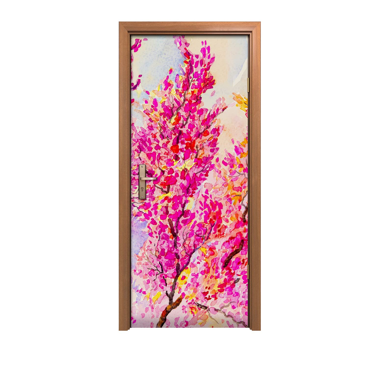 Autocollant de porte 90x200cm motif peinture feuilles d'arbre pour déco de maison