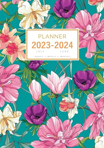 Planner July 2023-2024 June: A4 Large Notebook Organizer with Hourly Time Slots | Peony Iris Magnolia Design Teal      Tapa blanda – 8 Junio 2023