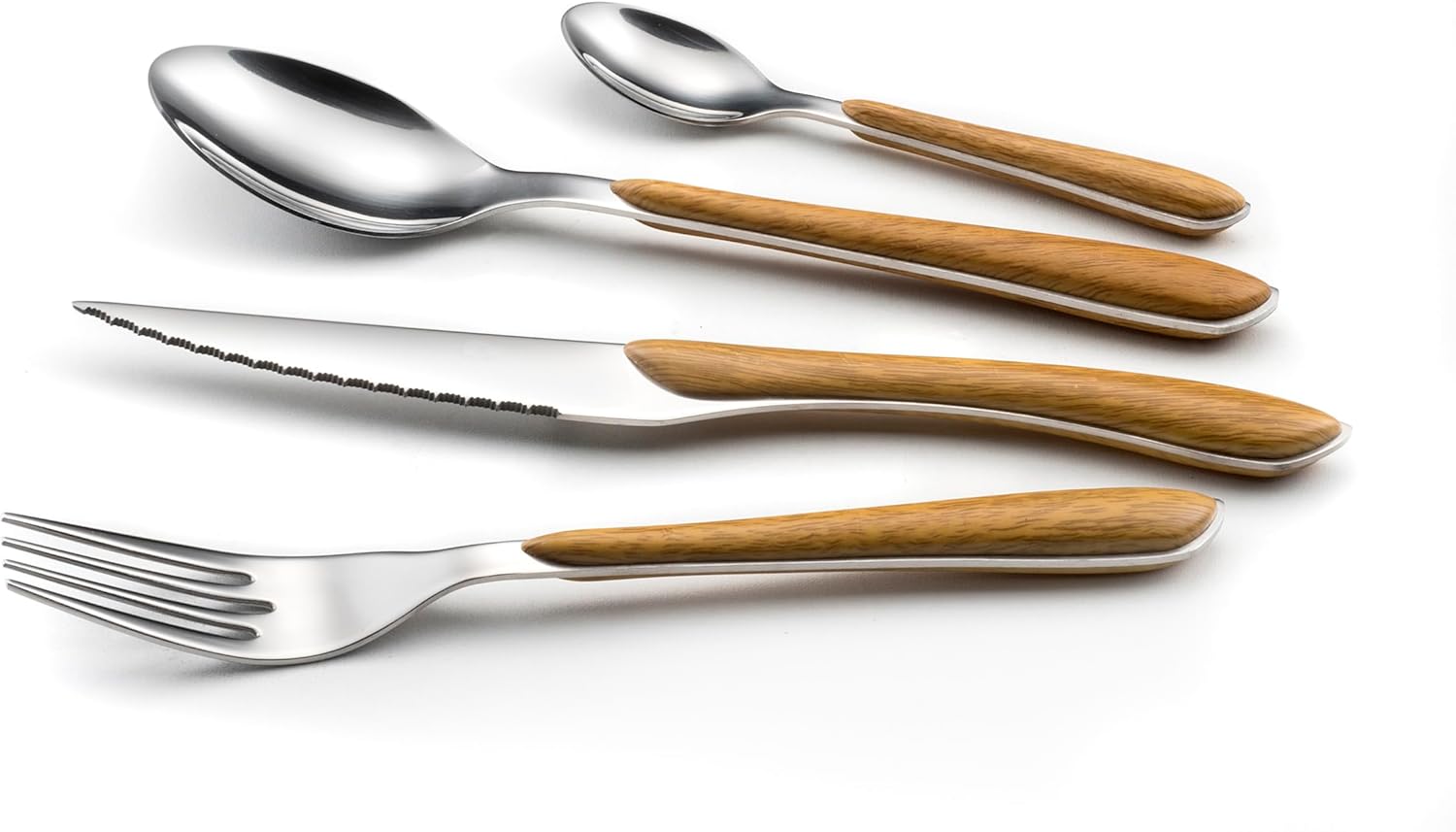 Amefa Natural Wood Handle Silverware Set - 24-Piece, Brown & Casual - Faux Wood Handle Flatware Service for 6 in Polished 18/0 Stainless Steel - Dishwasher Safe & Rust Resistant