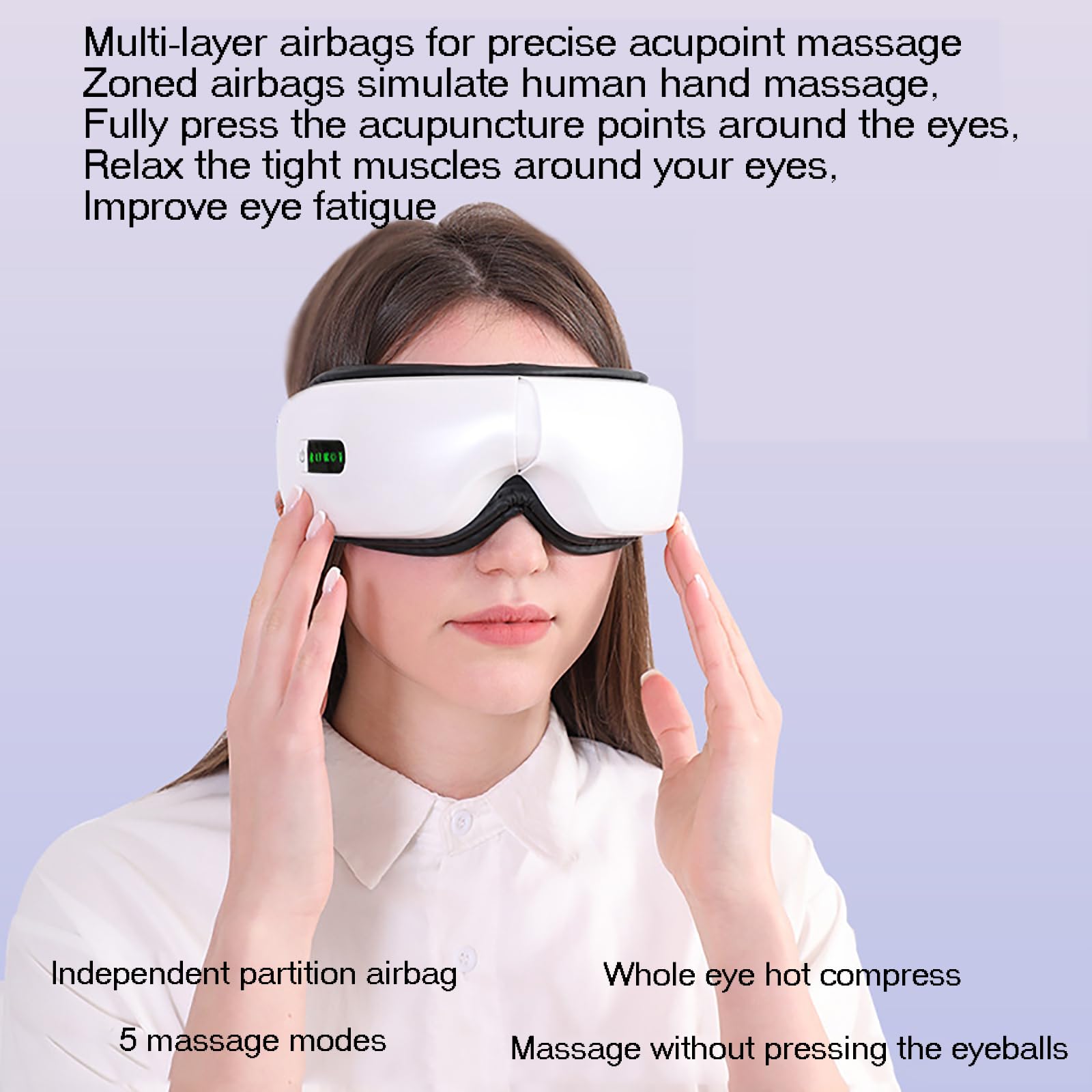 Masajeador Calefacción para Ojos, Masajeador Ojos Inteligente, 5 Modos Masaje/tensión Ajustable/se Puede Conectar a Música Bluetooth/vibración Multifrecuencia/Masaje con Bolsa Aire, para Ojos