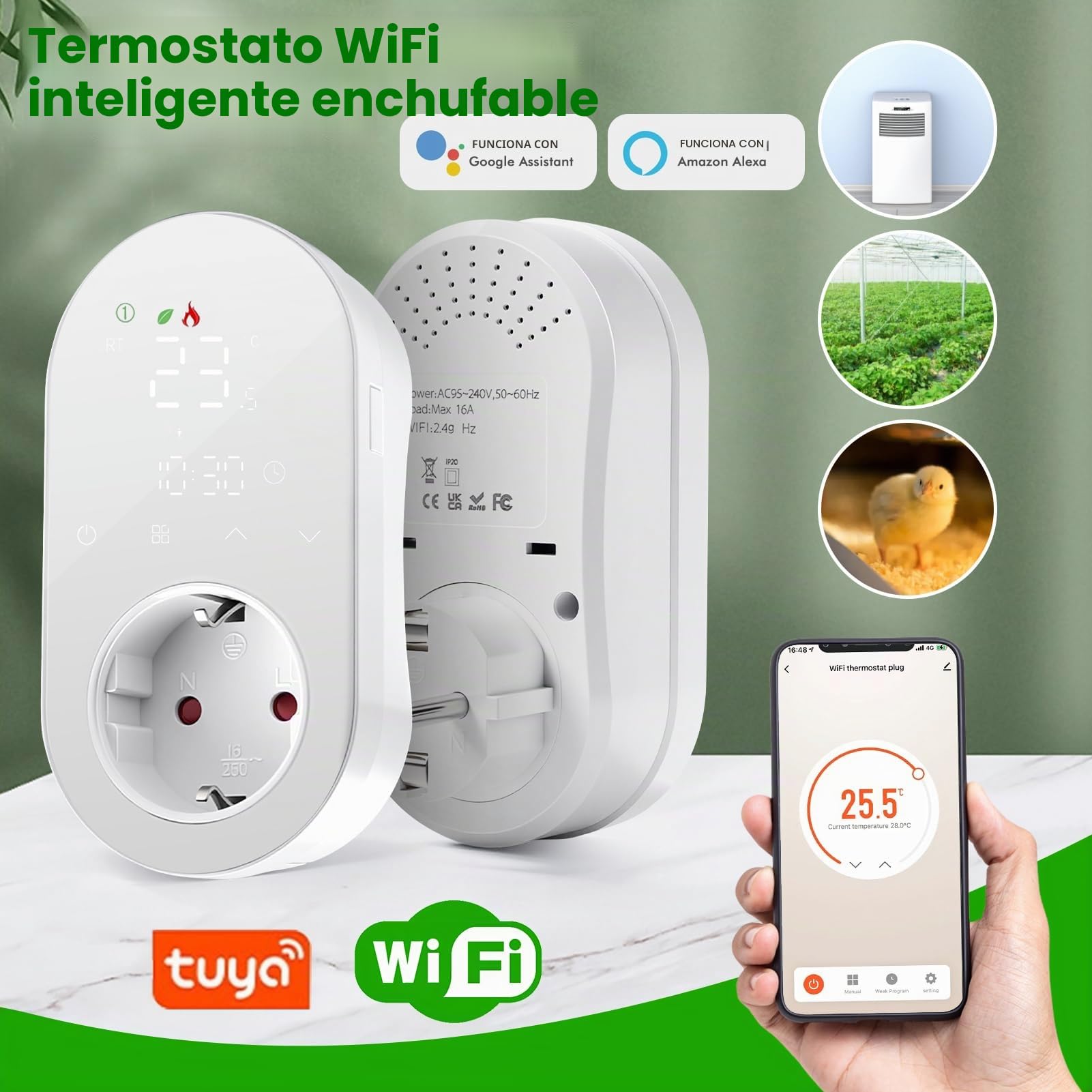 Jadeshay Termostato Digital Inteligente Enchufe de termostato Calefacción y Refrigeración 220V 16A Compatible con Alexa y Google Assistant Termostato para Reptiles Incubadora Invernadero (EU)