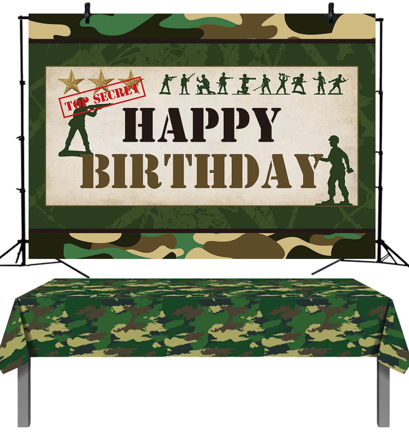 XCKALISoldier Theme Happy Birthday Backdrop Camouflage Tablecloth Set Camouflage Soldier Military Theme Party Supplies Cake Table Banner Photography Props 2PCS