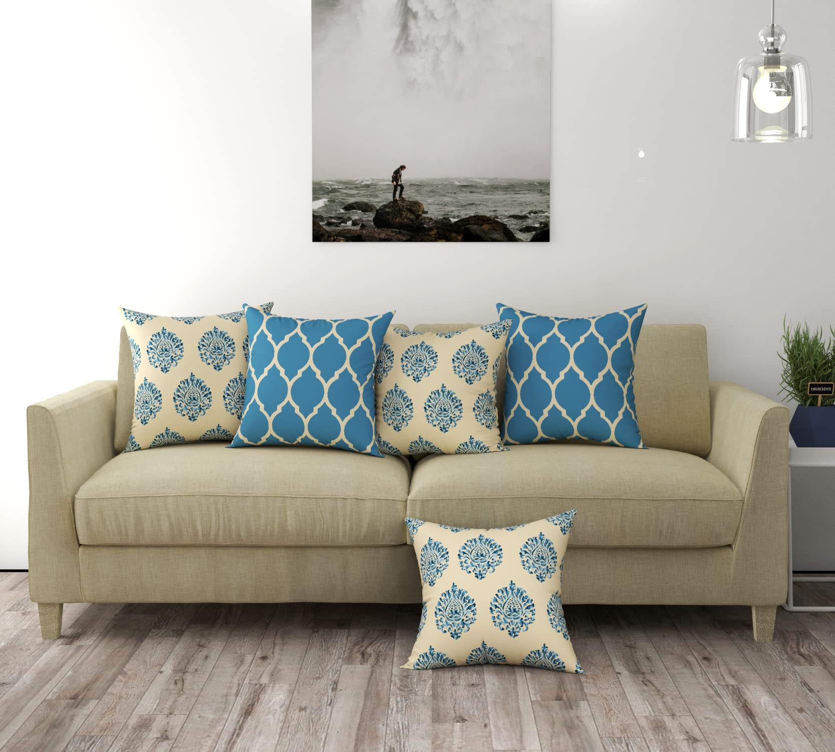 Trance Home Linen Set of 5 Premium 100% Cotton 16x16 inch Cushion Covers Only for Sofa and Diwan | Throw Pillow/Small Cushion Pillow Covers Only| 40cmx40cm, Damask & Dori Blue Set of 5-180 TC