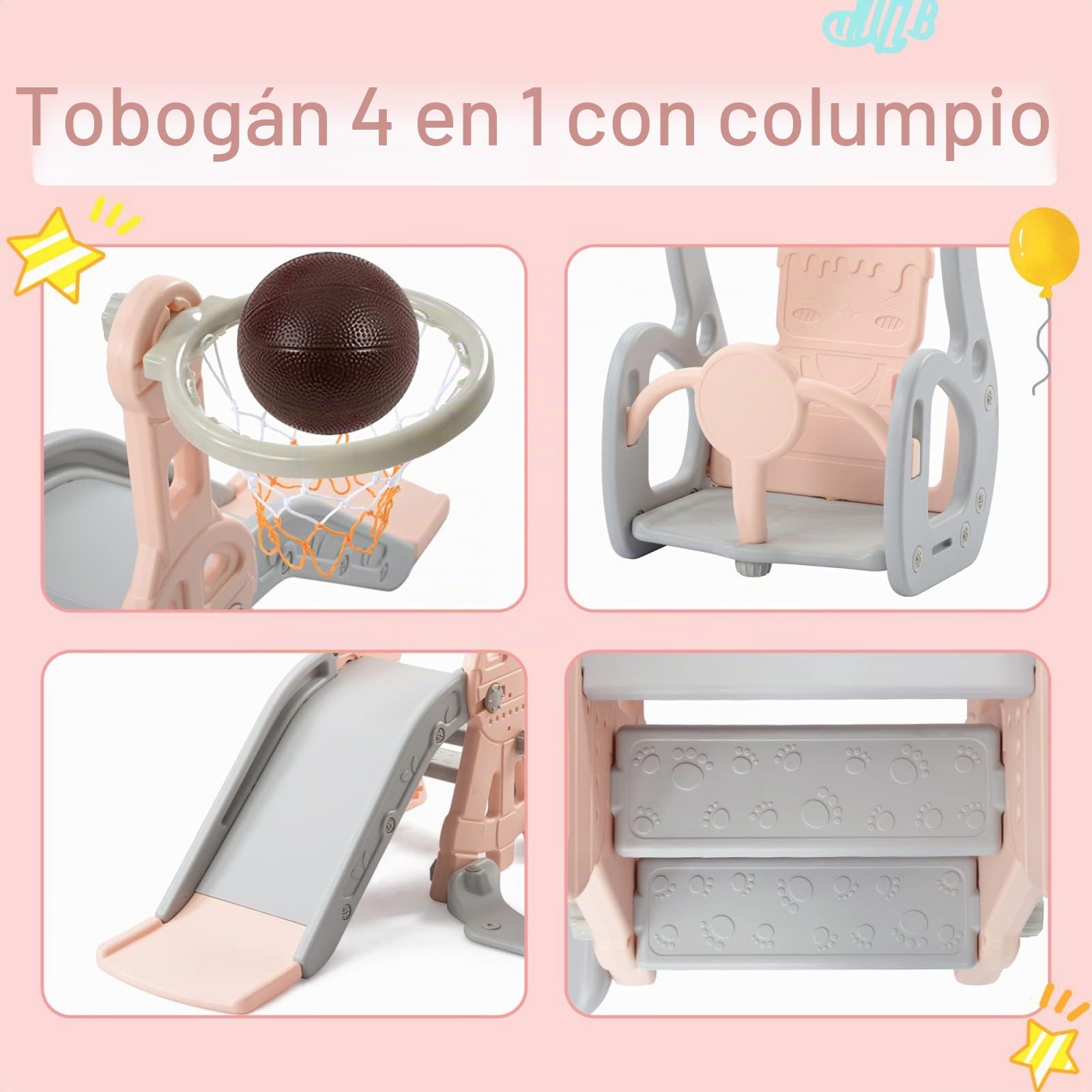 Tobogán infantil 4 en 1 con columpio y canasta de baloncesto, juego de tobogán para interiores y exteriores para niños con escalera, parque infantil para niños pequeños a partir de 1-6 años, rosa