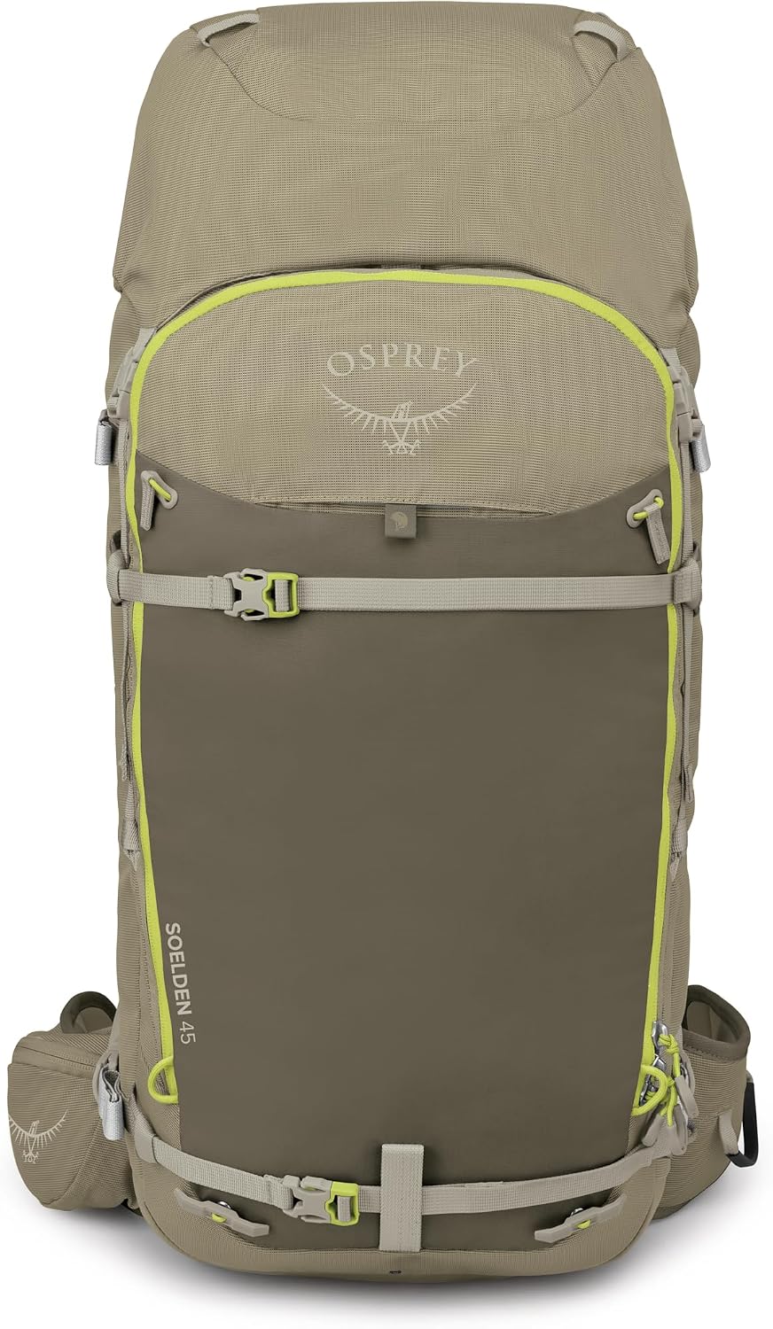 Osprey Soelden 45L Ski and Snowboard Backpack - High-Volume Backcountry Snow Pack for Men - Hut Trip Ready - Helmet Carry - Made with 100% Recycled Nylon, Olive Tan