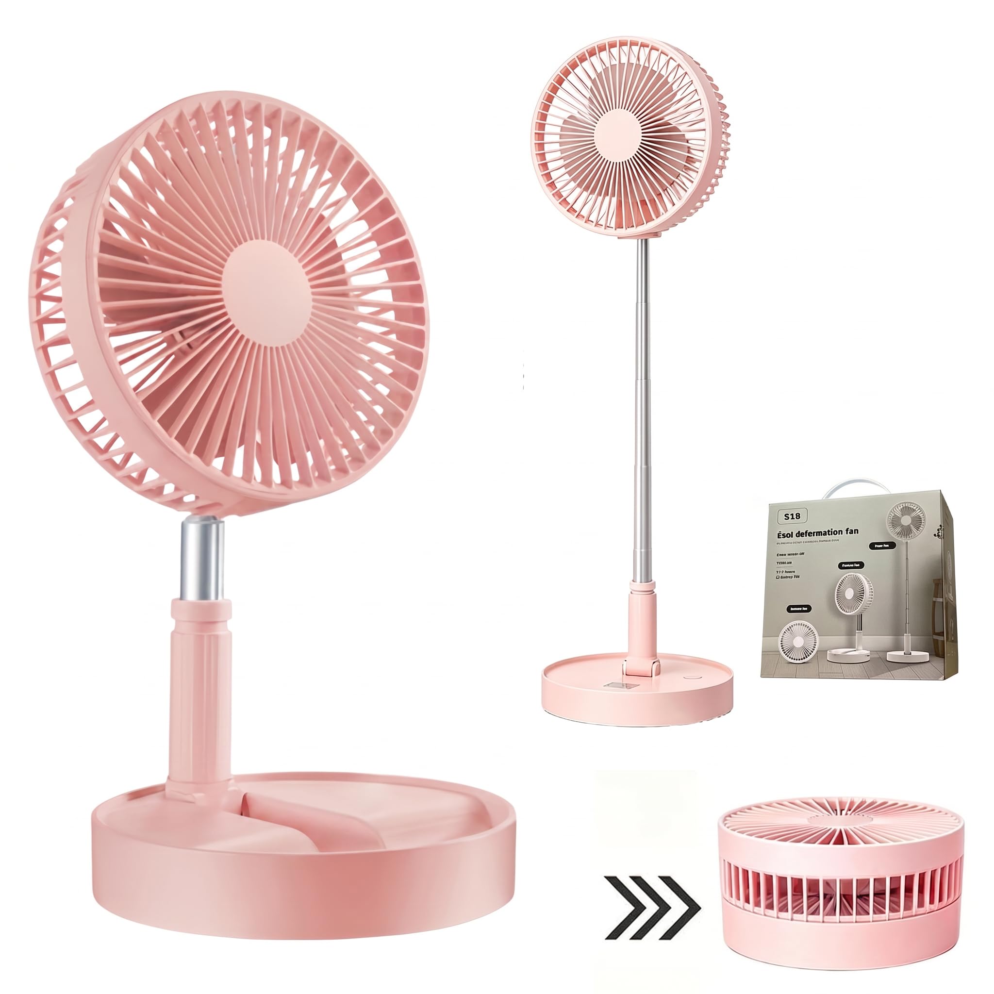 Portable Standing Fan, Foldable Pedestal Fan with 4 Speed, USB Rechargeable Fan Portable, 7200mAh Battery Operated Floor Desk Table Fans Rechargeable for Bedroom Office Camping Travel, 8 Inch (Pink)