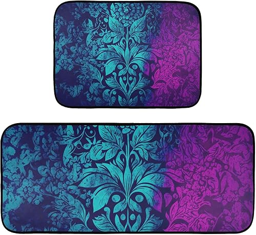 ZENWAWA Blue Purple Floral Pattern Kitchen Mats 2 Pcs, Anti Fatigue Non-Slip Kitchen Rugs Cushioned Absorbent Comfort Floor Mats for Kitchen Bedroom