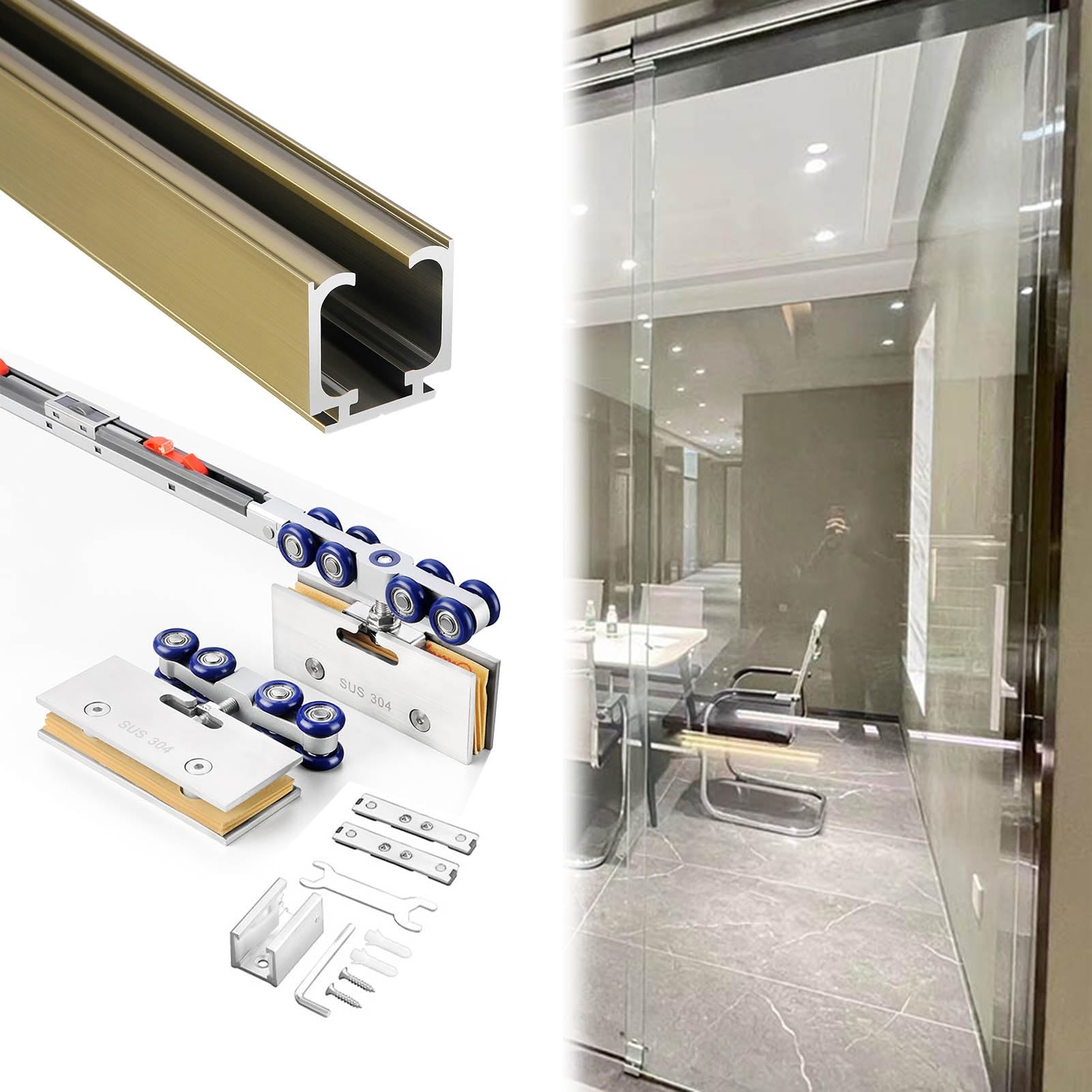 YDHSIKK Glass Sliding Door Track, Soft Close Aluminum Sliding Barn Door Track Kit For Glass Doors Multicolor Multiple Sizes(Champagne,380cm/12.5ft)
