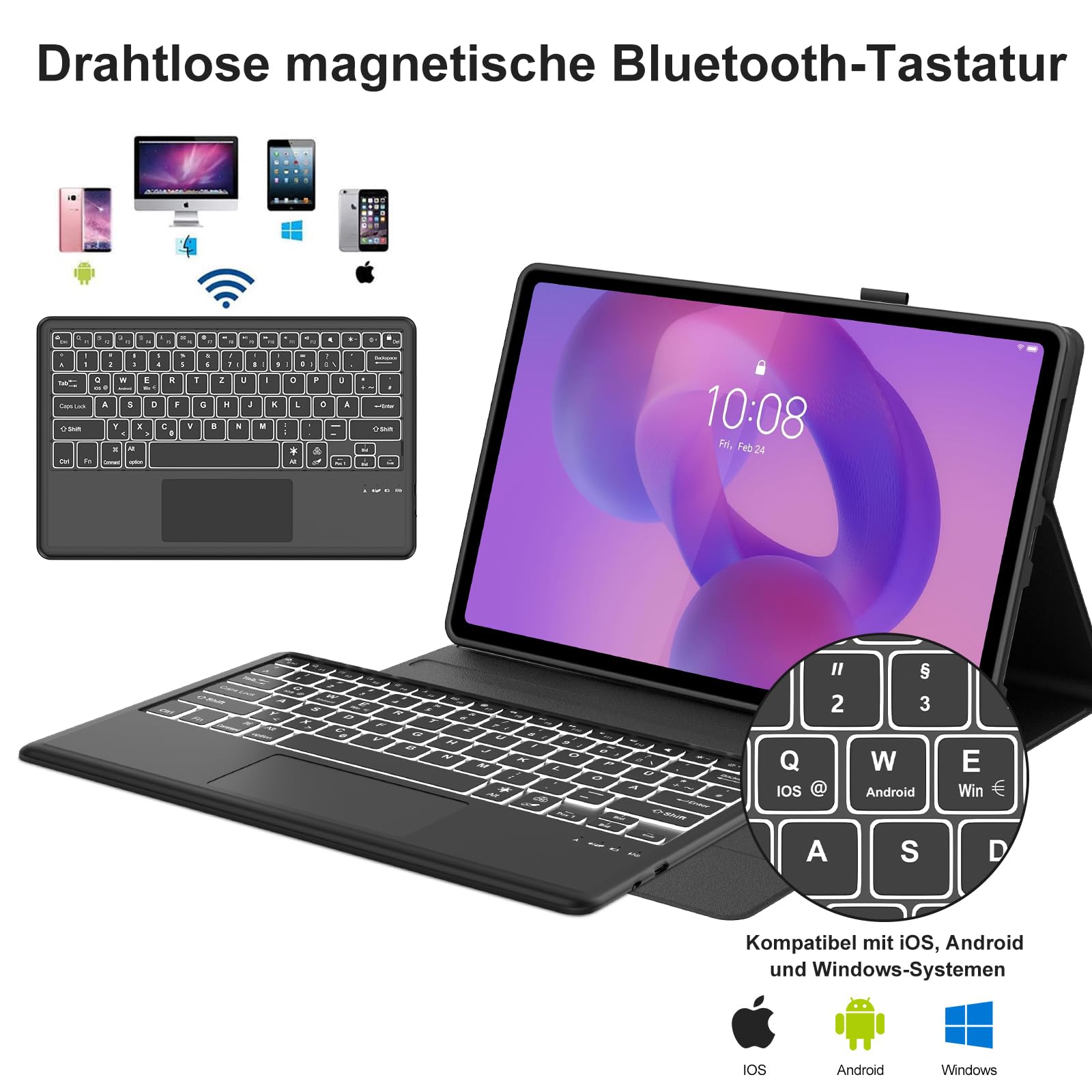 Tastatur für Lenovo Idea Tab Plus 12,1 Zoll TB361ZU/TB361FU, Schwarz | Hülle mit Tastatur für Lenovo Idea Tablet Plus 12.1" 2025 con Touchpad, Magnetisch Bluetooth Beleuchtung QWERTZ Keyboard