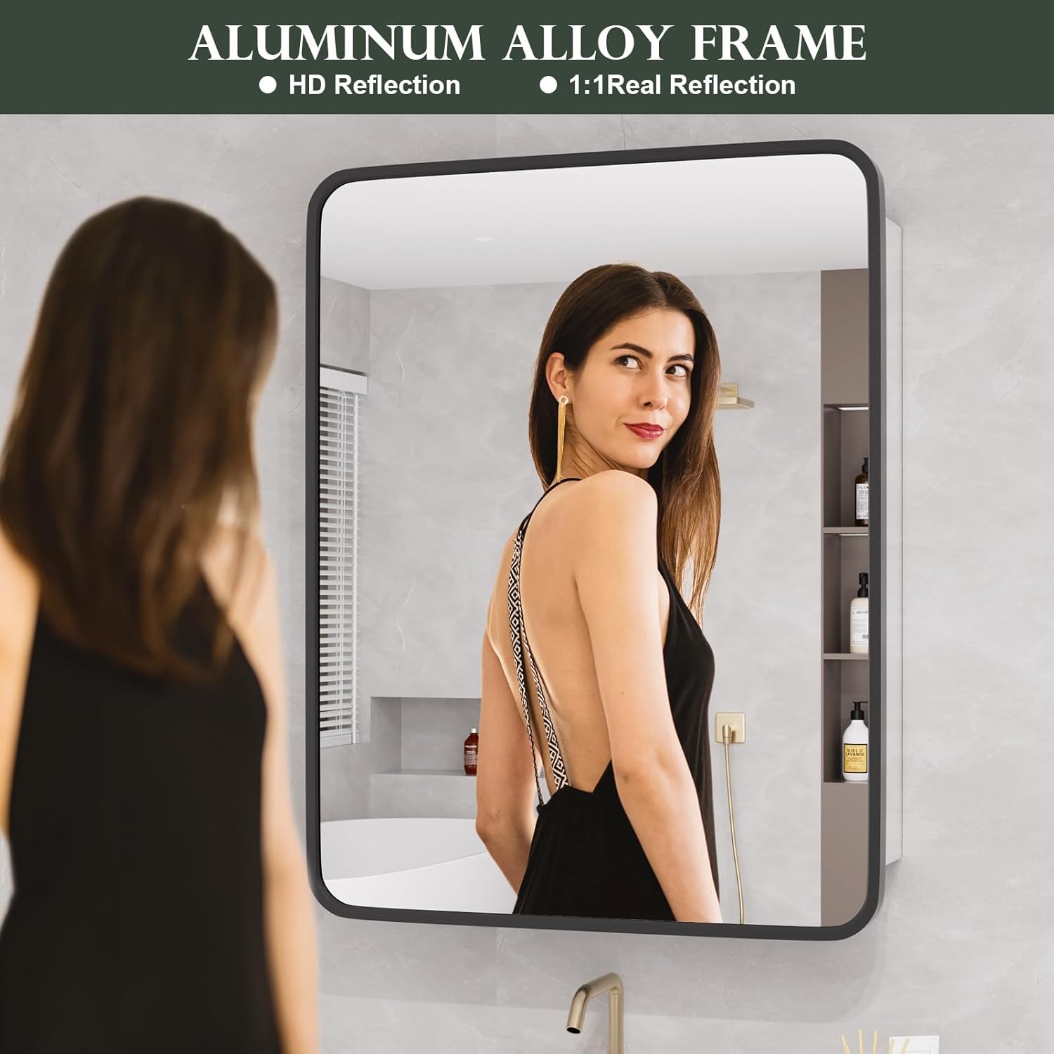 A person looking into the HD silver lens mirror of the medicine cabinet