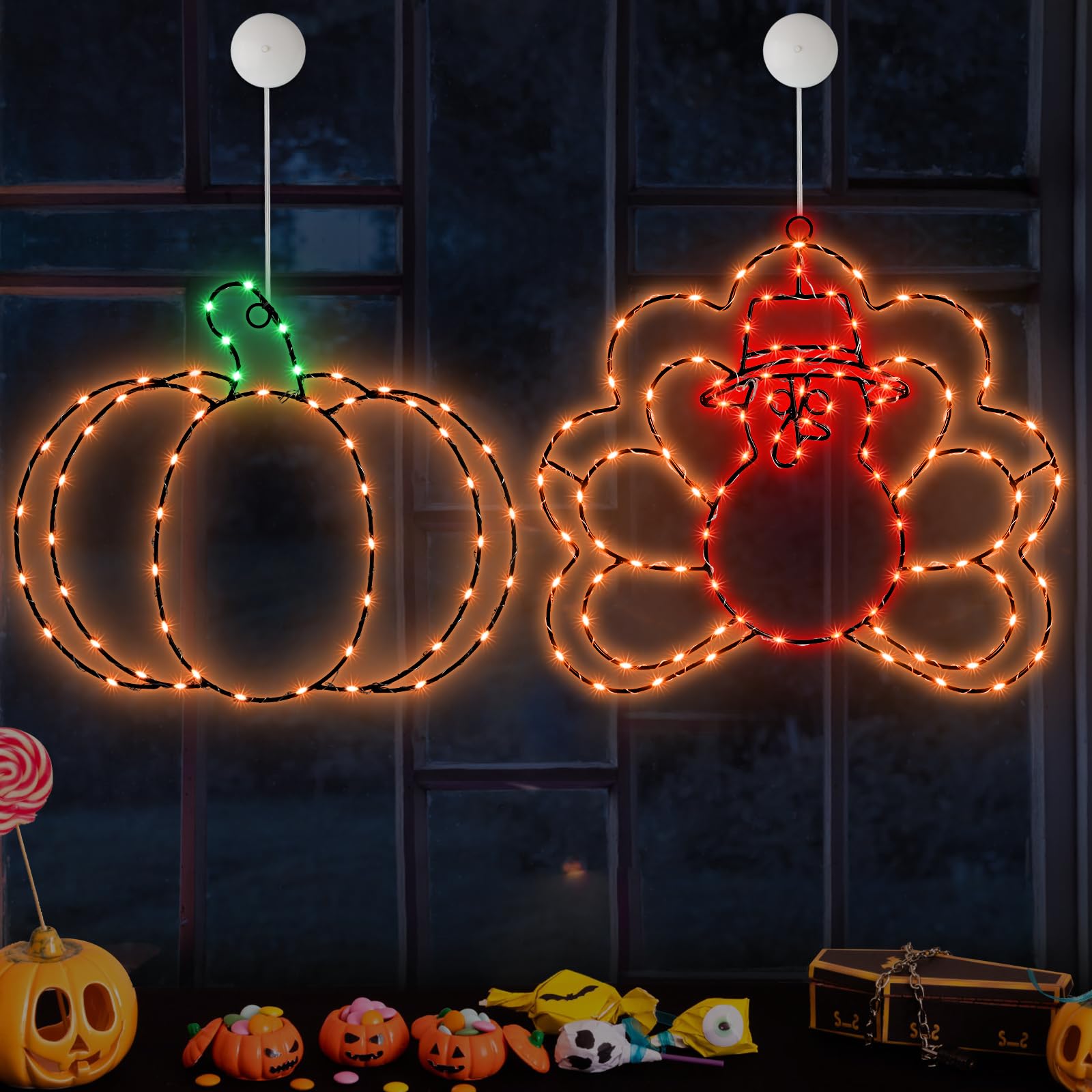 Photo 1 of [ 170 LED Lights & Super Large ] 2 Pack Thanksgiving Window Lights Decorations Pumpkin Turkey Window Lights with Suction Cup Battery Operated for Indoor Window Hanging Lights Thanksgiving Decor 