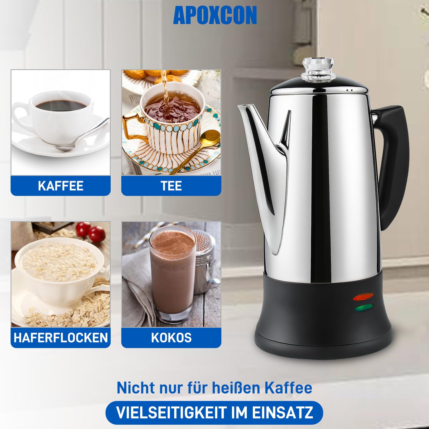 APOXCON Percolateur électrique 12 tasses – Certifié CE, classique avec système d'infusion rapide, bouton en verre résistant à la chaleur et fonction de service sans fil