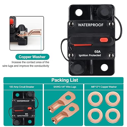 Miniatura 2 de Disyuntor de 60 amperios, con reinicio manual, impermeable, 12V-48V CC, 30-304A, para motores marinos de arrastre de automóvil, barco, ATV,