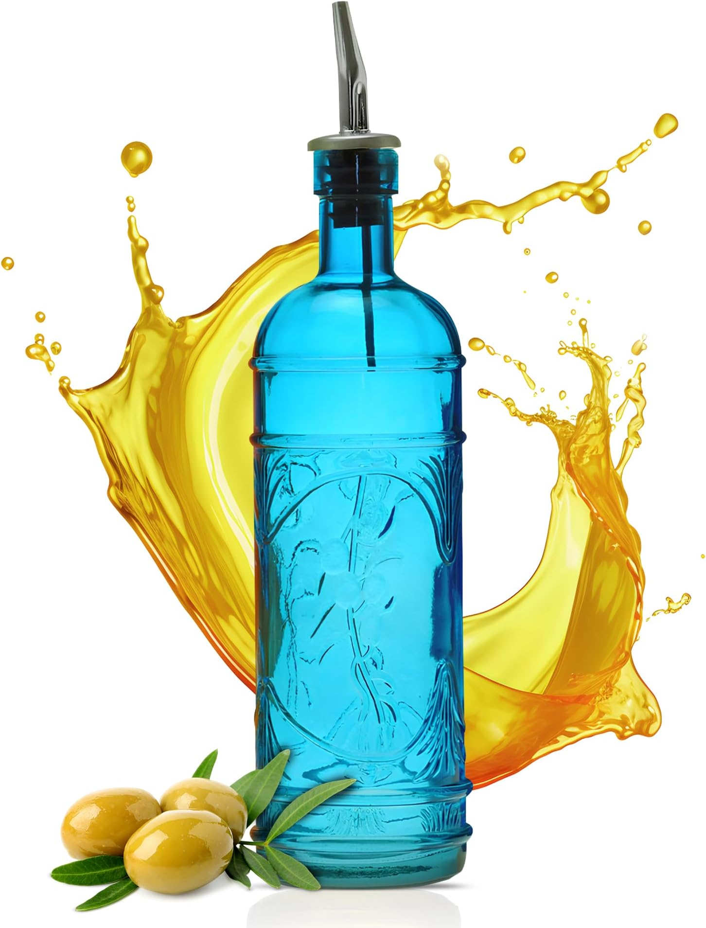 Couronne Co. Olive Oil Dispenser Bottle for Kitchen - Vinegar Dispenser Bottle with Pour Spouts - 16 oz - Aqua Blue