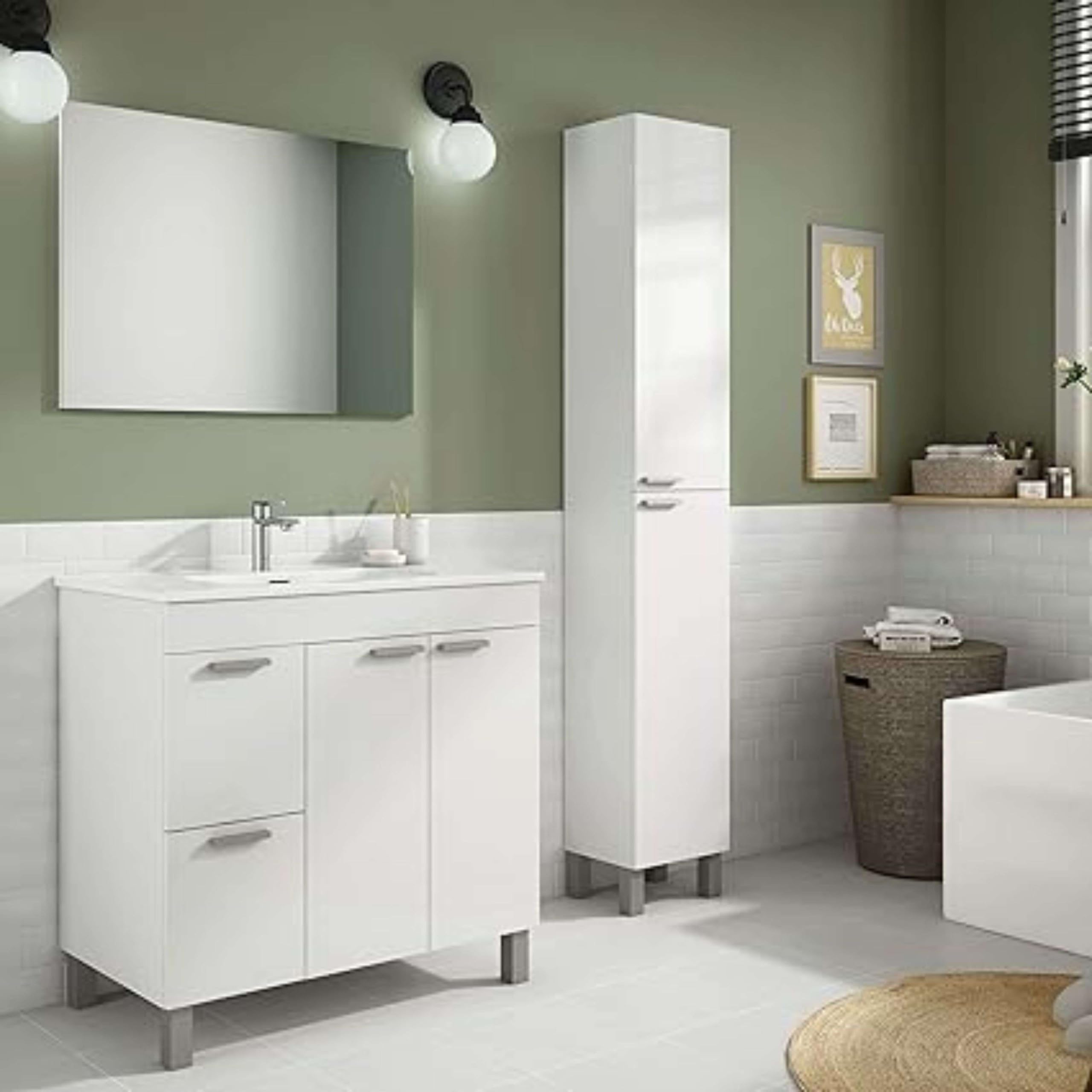 ARKITMOBEL Mueble de Baño con 2 Puertas 2 Cajones y Espejo, Módulo Baño, Color Blanco Brillo, Medidas: 80 x 80 x 45 (Alto x Ancho x Fondo, en centímetros), Modelo Aktiva (Lavabo no Incluido)