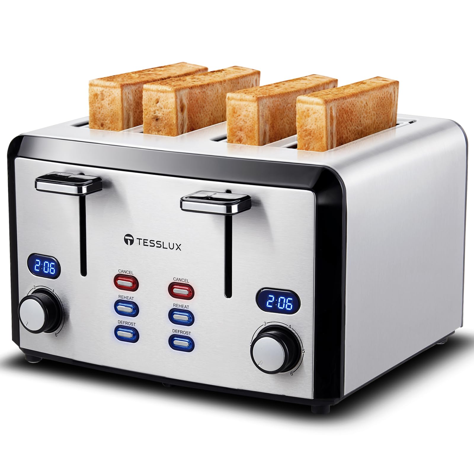 4 Slice Toaster, Wide Slot Bread Toaster with 6 Shade Settings, Stainless Steel Toaster with LCD Display, Removable Crumb Tray, Cancel/Defrost/Reheat Function, 1400W