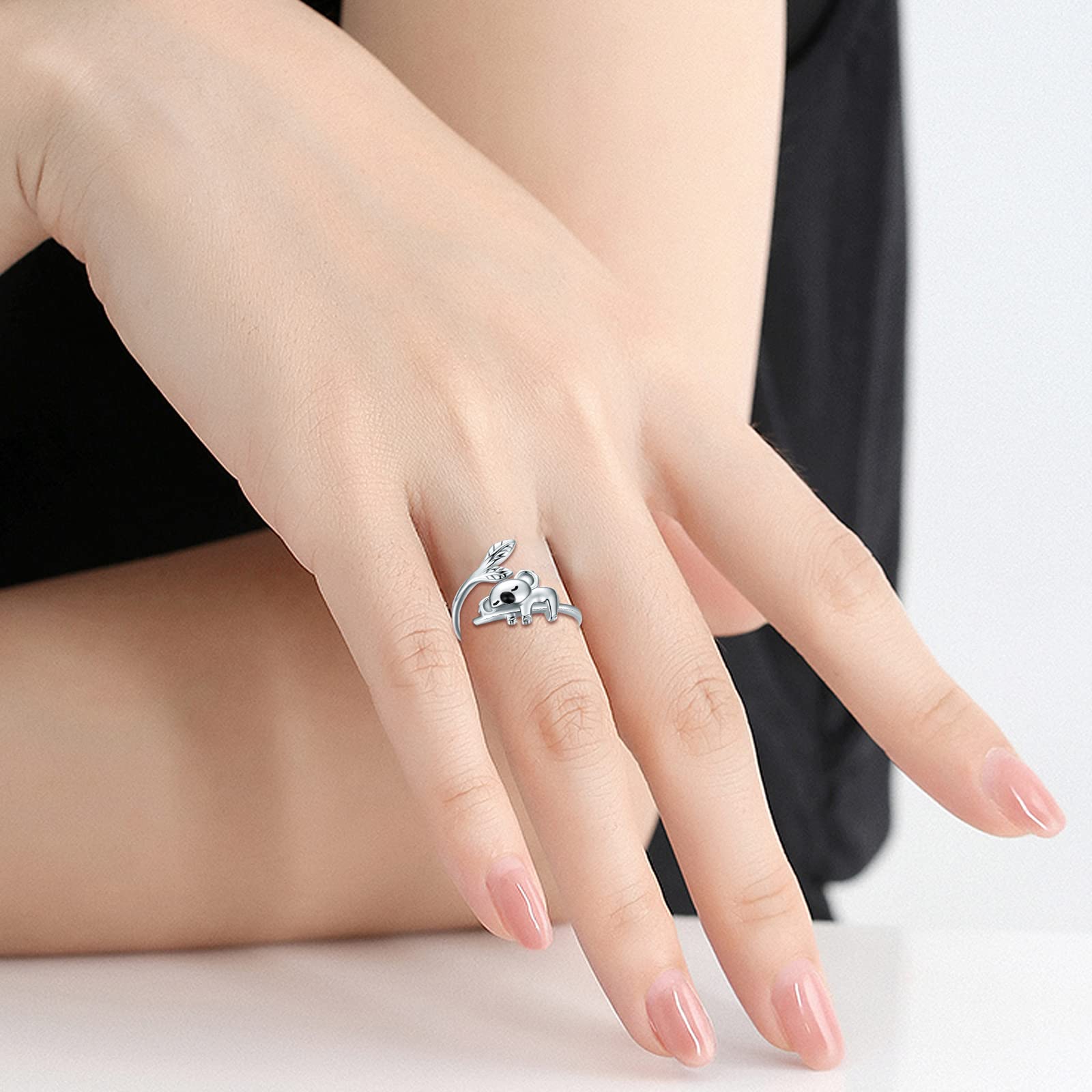 Koala - Anillo de plata de ley 925 para mujer, diseño de koala ajustable, abierto, con bonito animal para niñas