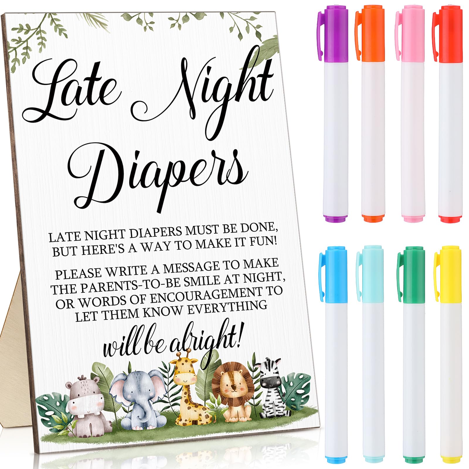 Roowest Baby Shower Games Late Night Diapers Sign Wooden Baby Shower Table Decorations Sign Gender Reveal Games Party Decorations Supplies with 8 Pcs