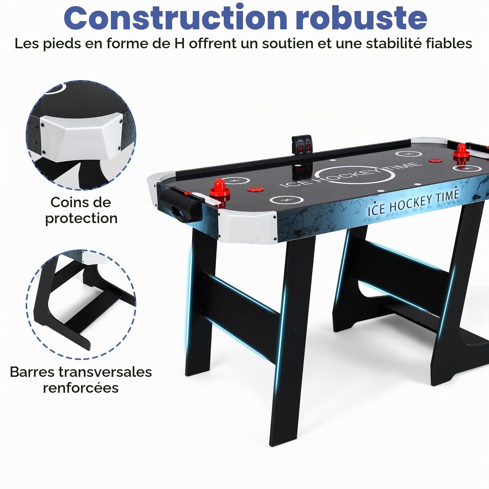 HOMASIS Table d'Air Hockey pliable, table de jeu électronique avec moteur 12 V et écran LED pour le score électronique, 2 disques et 2 raquettes pour enfants et adultes, 144 x 68 x 79 cm