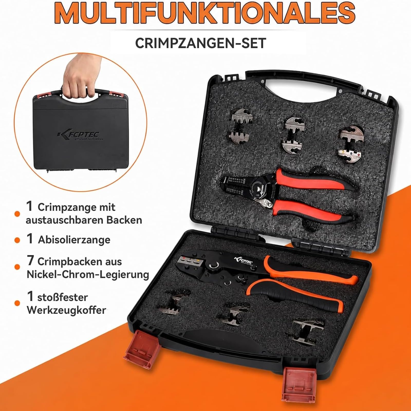 KF CPTEC Crimpzangen-Set, 9-teilig, mit Wechselbacken | Für Kabelschuhe, Aderendhülsen und MC4-Stecker, Ratschenmechanik, Werkzeugkoffer