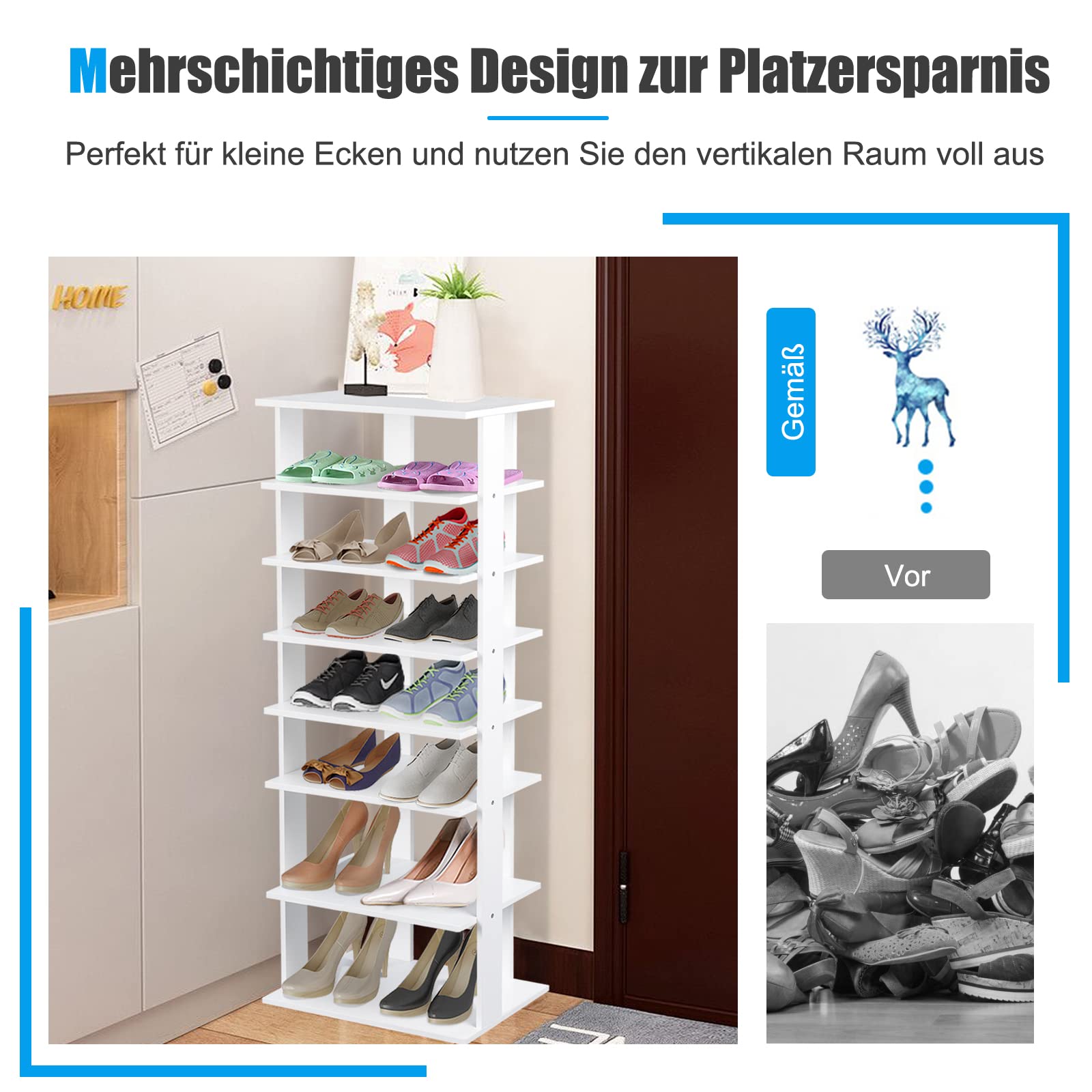COSTWAY 8 stufiger Schuhständer höhenverstellbar, Platzsparendes Schuhregal aus Holz, Schuh-Organizer vertikal, Freistehender Eckregal für Eingang, Flur (Weiß, Doppel)