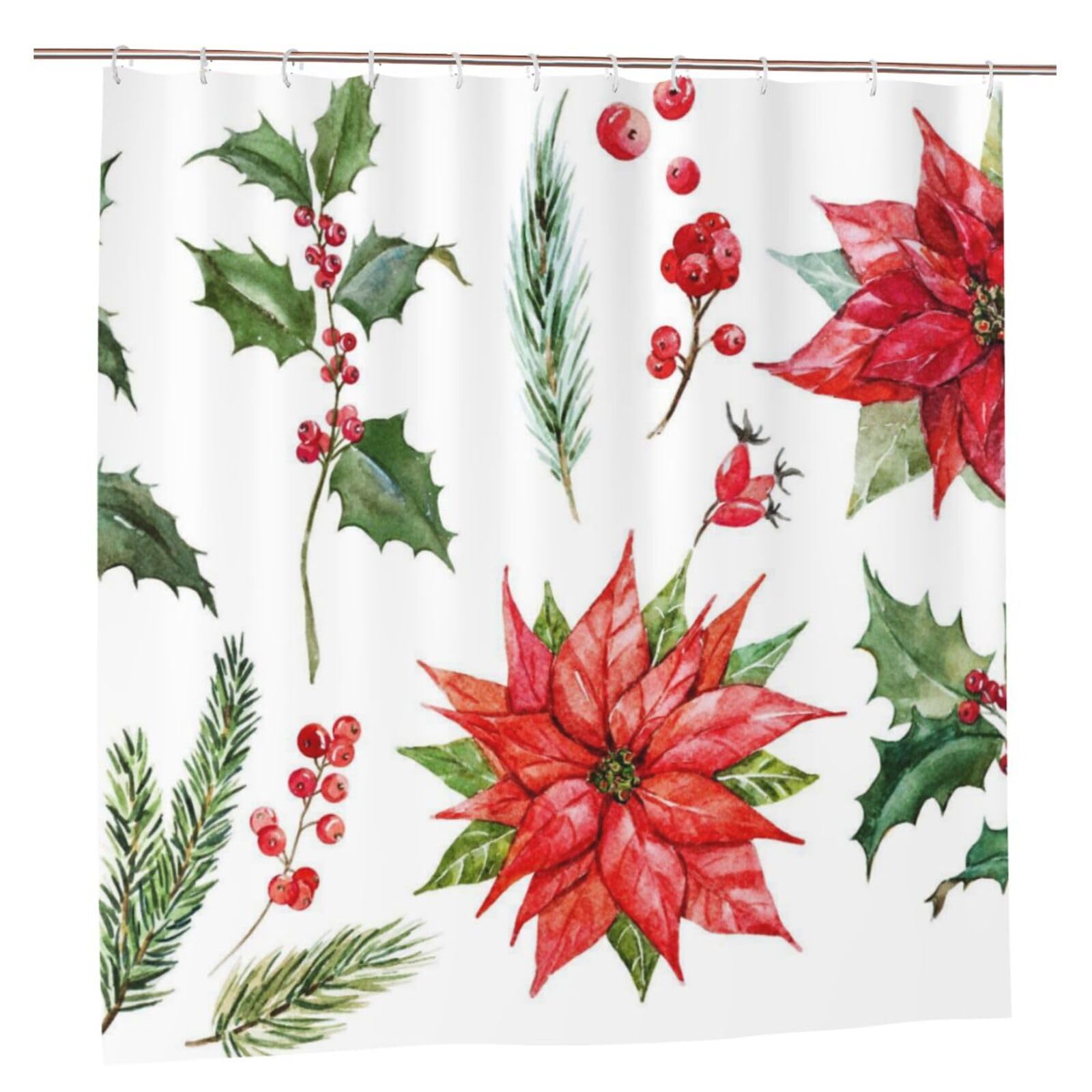 Oudrspo Polyester Fabric Shower Curtain - 70x70 Inch with Metal Grommets, Artistic Privacy Design, Watercolor Christmas Poinsettia
