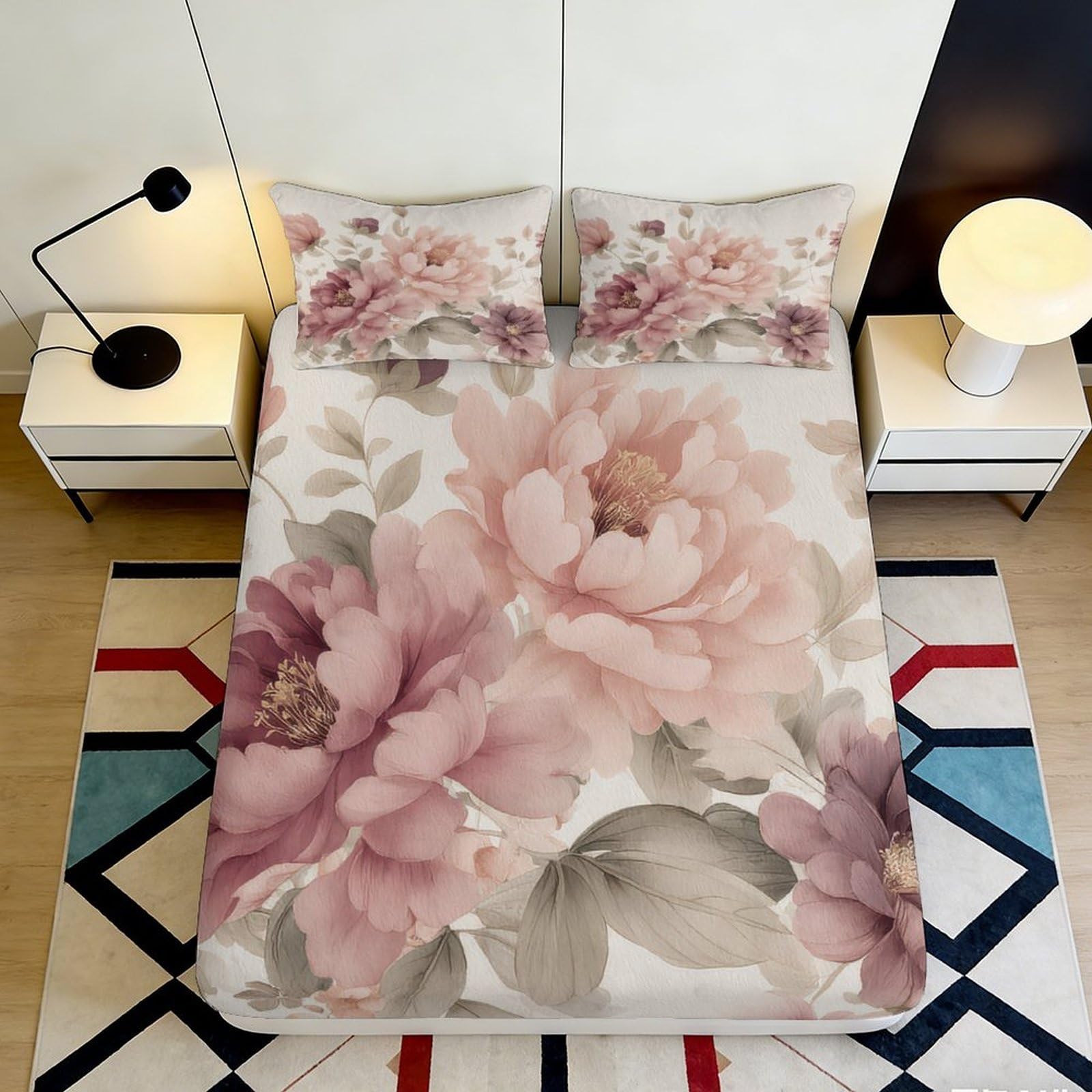 3D Printed Peony Blossom Fitted Sheet Microfiber Floral Bedroom Bed Cover for House Guest Room Decor Dustproof 90x200x25cm