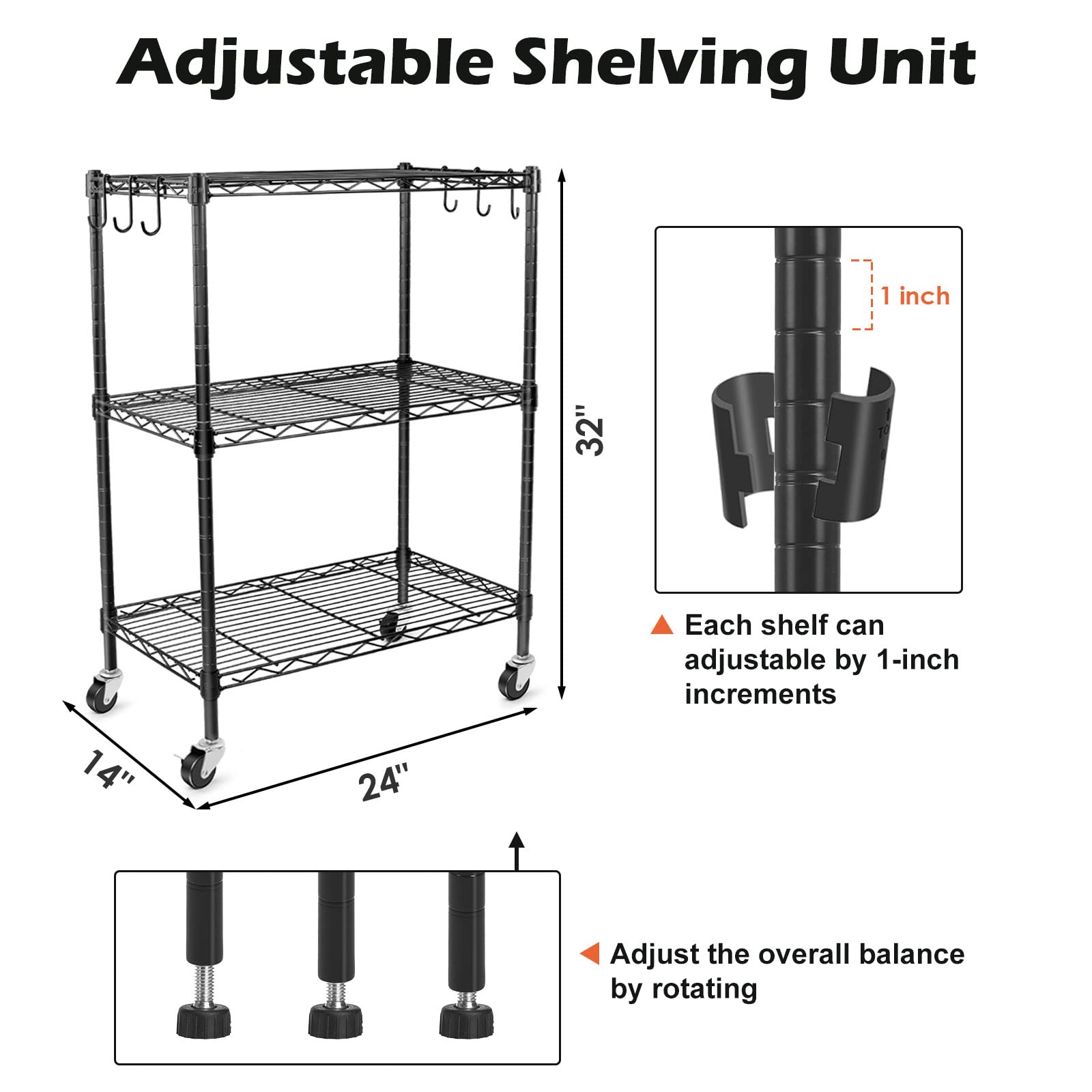 WDT Estantería de 3 estantes con Ruedas, Estante Ajustable de Metal Resistente, Estante de Almacenamiento de Alambre para casa, Oficina, Garaje, Cocina, baño, Metal, Color Negro