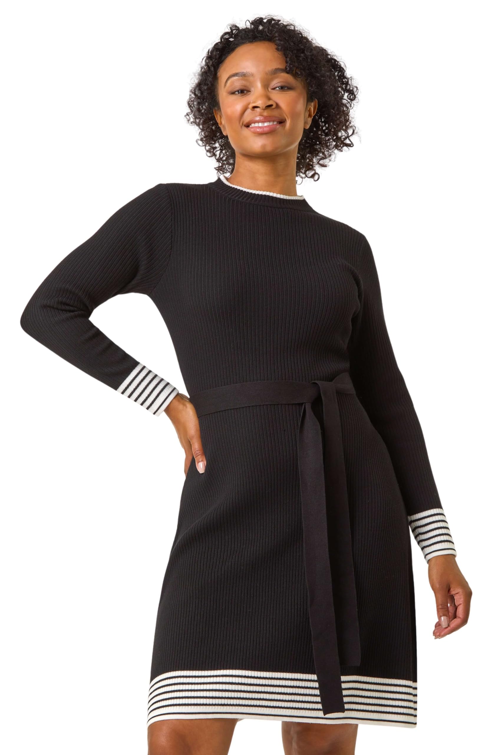 Roman Originals Women's Black Roman Petite Stripe Knitted Midi Dress For Uk - Everyday Autumn Winter Round Neckline Comfy Soft Evening Vacation Work Party Night Out - Petite - Size 18