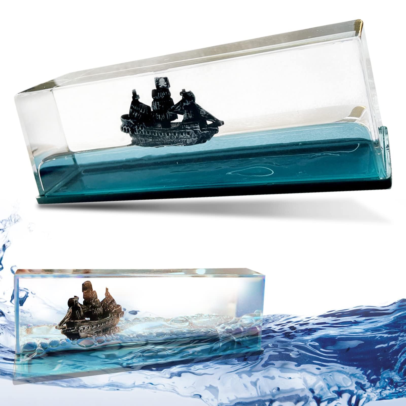 Unsinkable Boat in a Box, Acrylic Fluid Drift Bottle Pirate Cruise Ship Model, Creative Liquid Wave Desktop Ornament for Home Office Decor, Paperweight Gift for Men Women, 14.6 x 5.4 x 5.2 cm